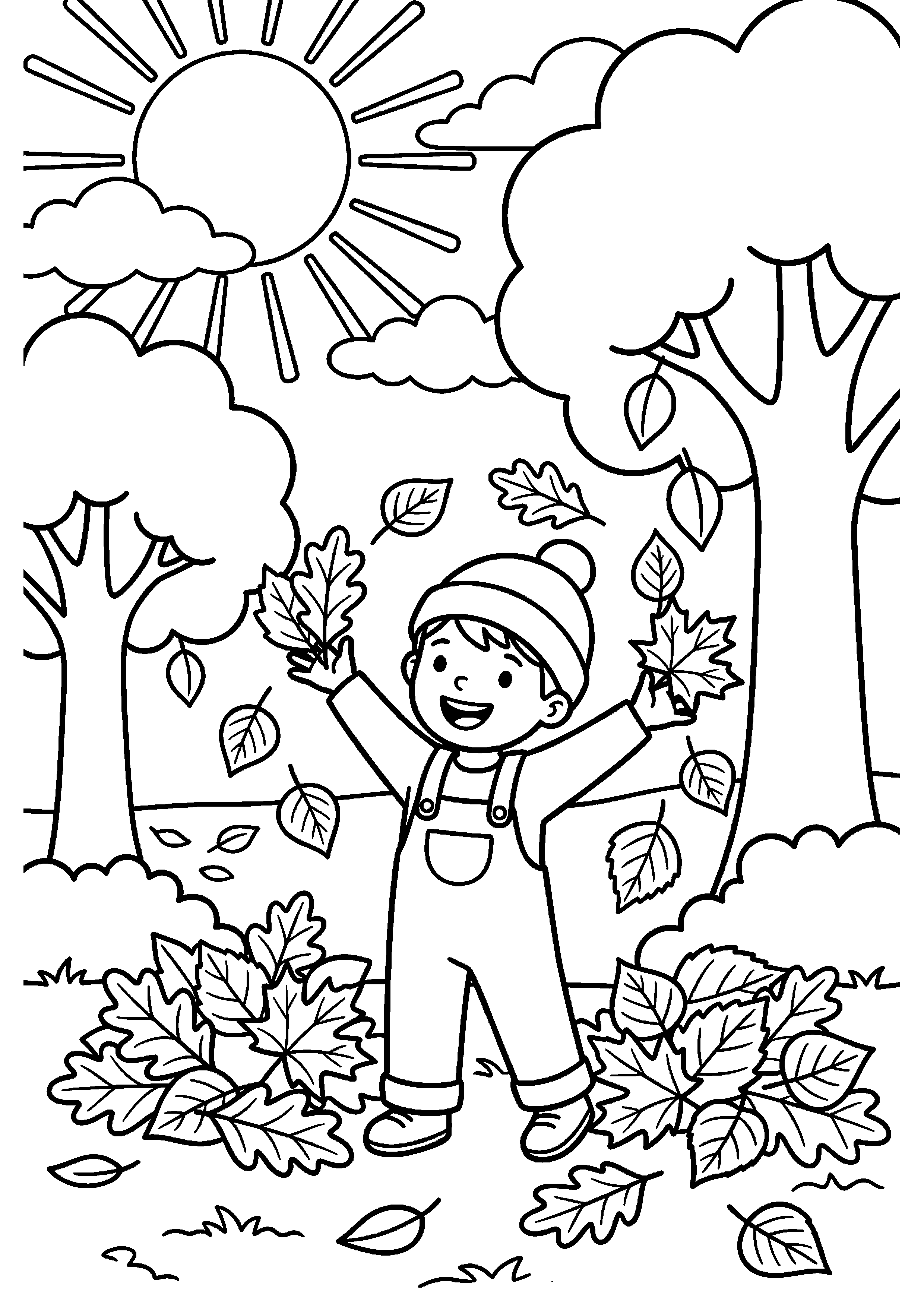 Kind speelt met bladeren kleurplaat — gratis kleurplaat printen