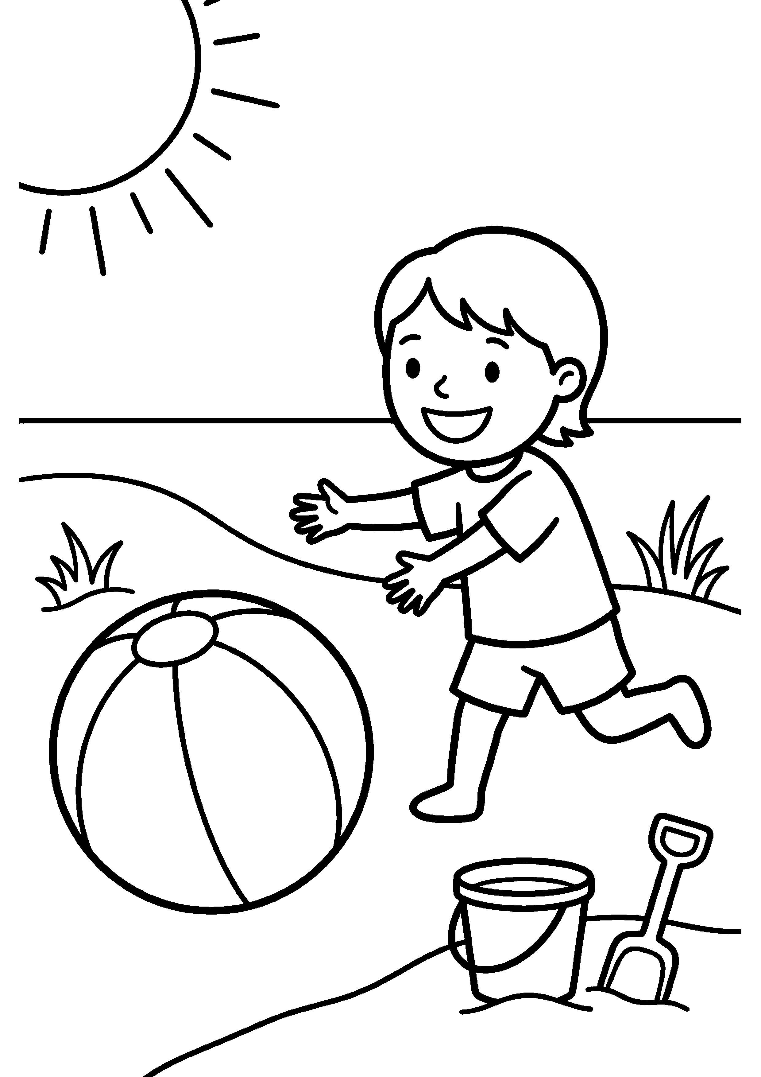 Kind speelt met strandbal kleurplaat — gratis kleurplaat printen