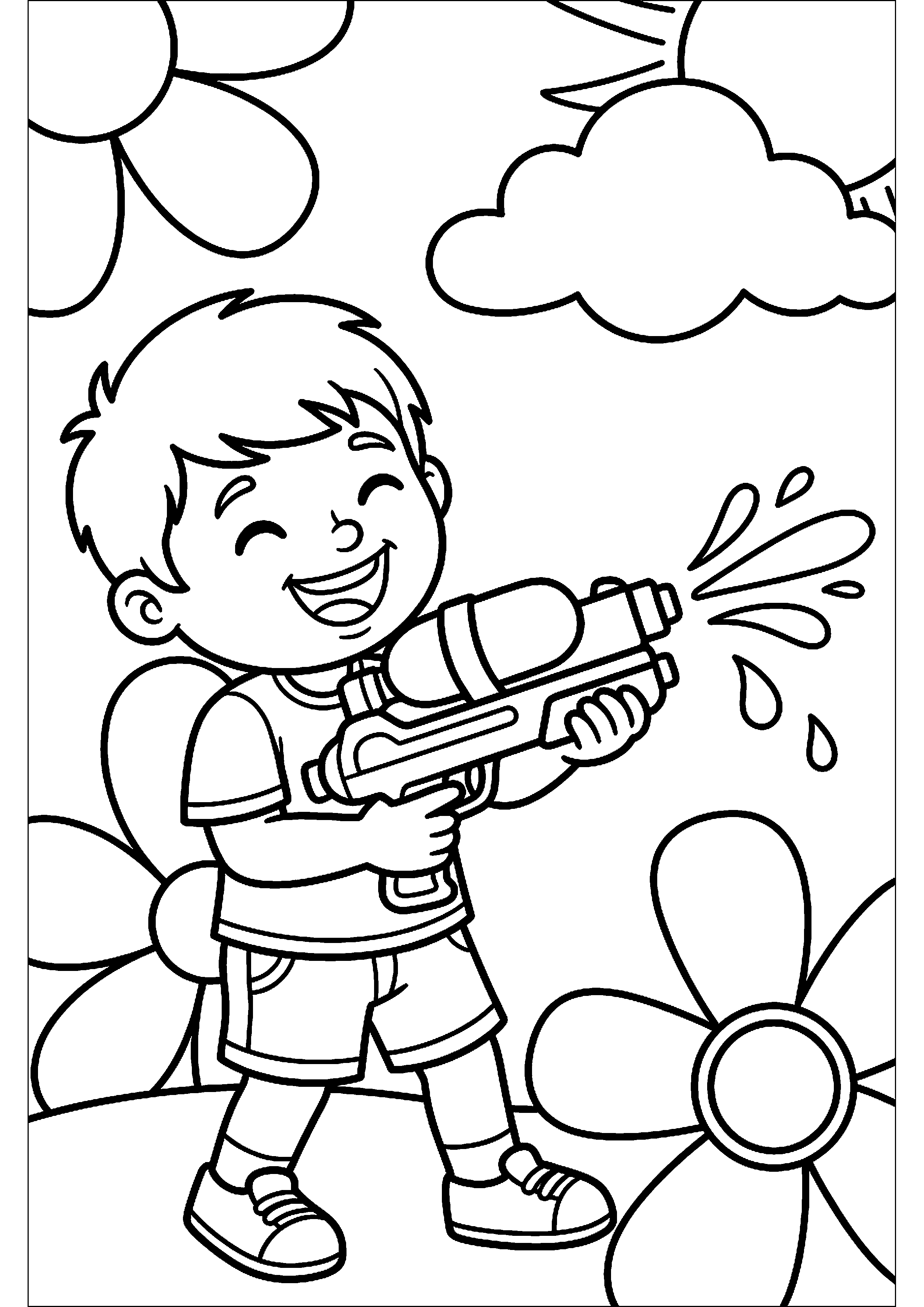 Kind speelt met waterpistool kleurplaat — gratis kleurplaat printen