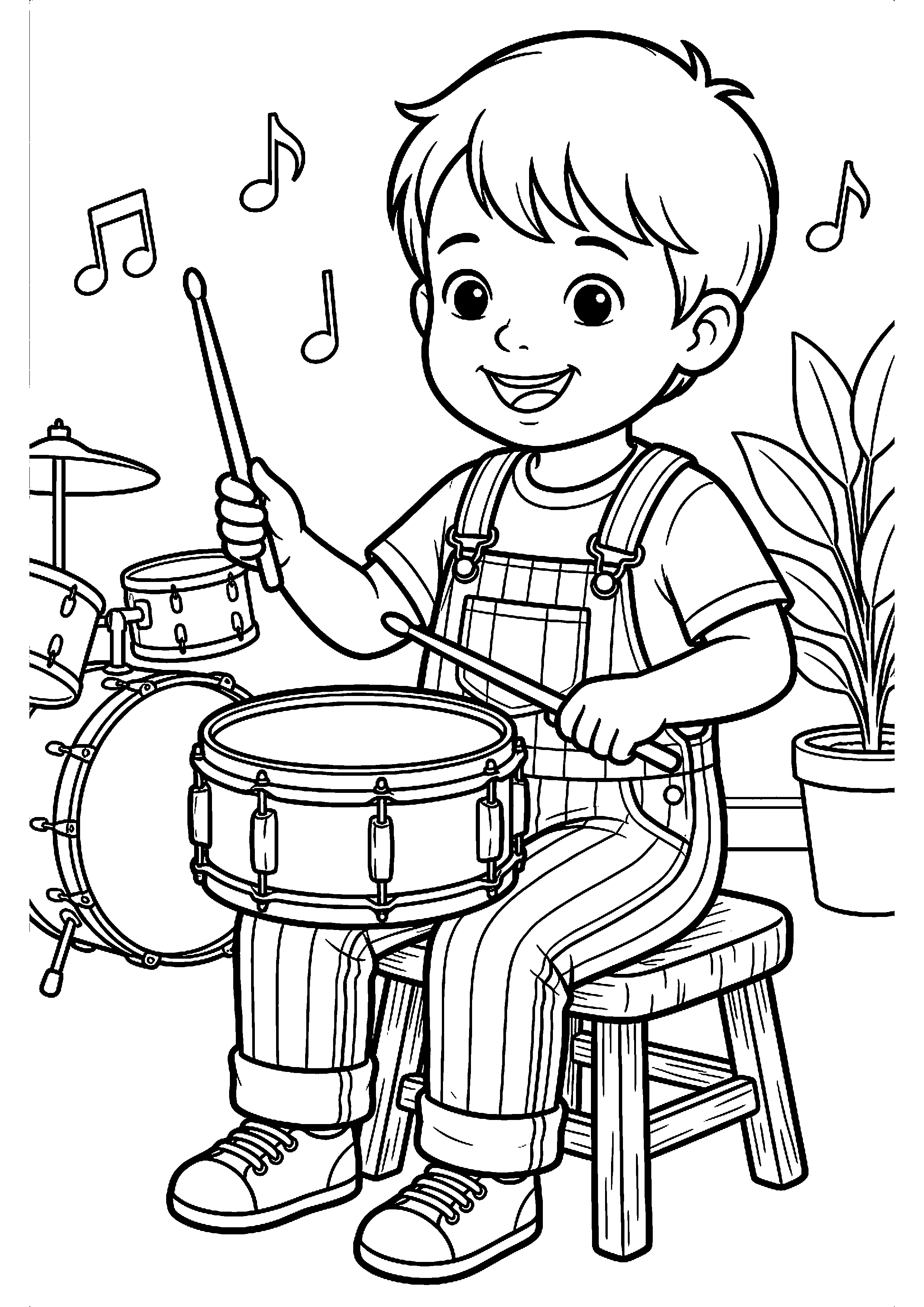 Kind speelt trommel kleurplaat — gratis kleurplaat printen