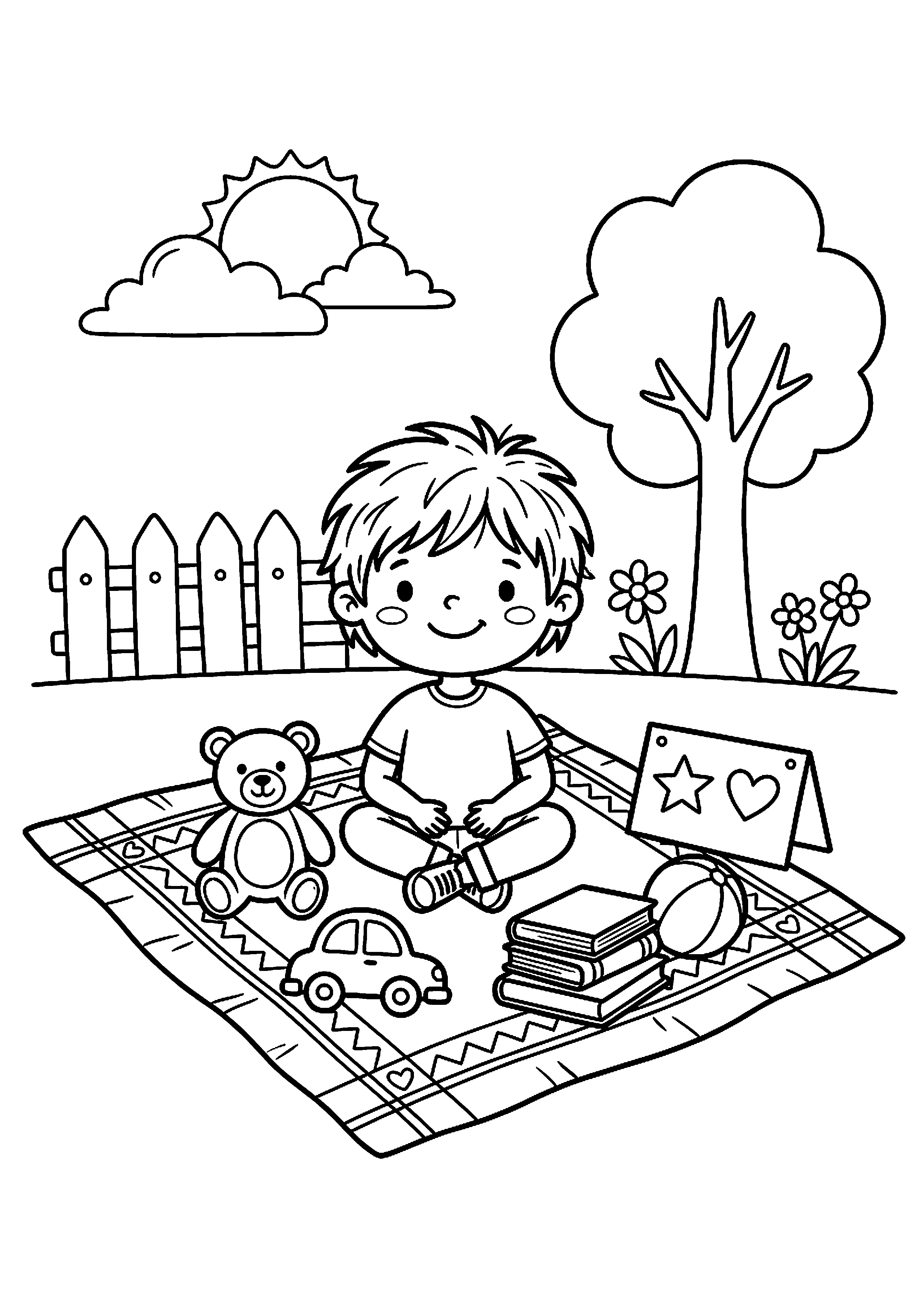 Kind verkoopt speelgoed op kleedje kleurplaat — gratis kleurplaat printen