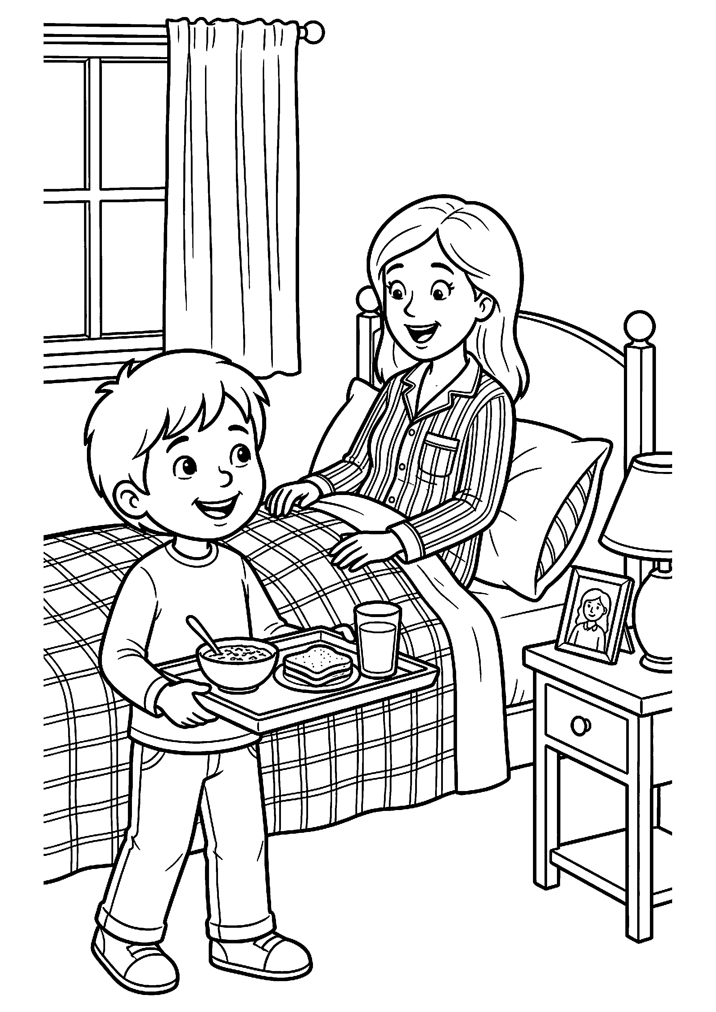 Kind verrast moeder met ontbijt op bed kleurplaat — gratis kleurplaat printen