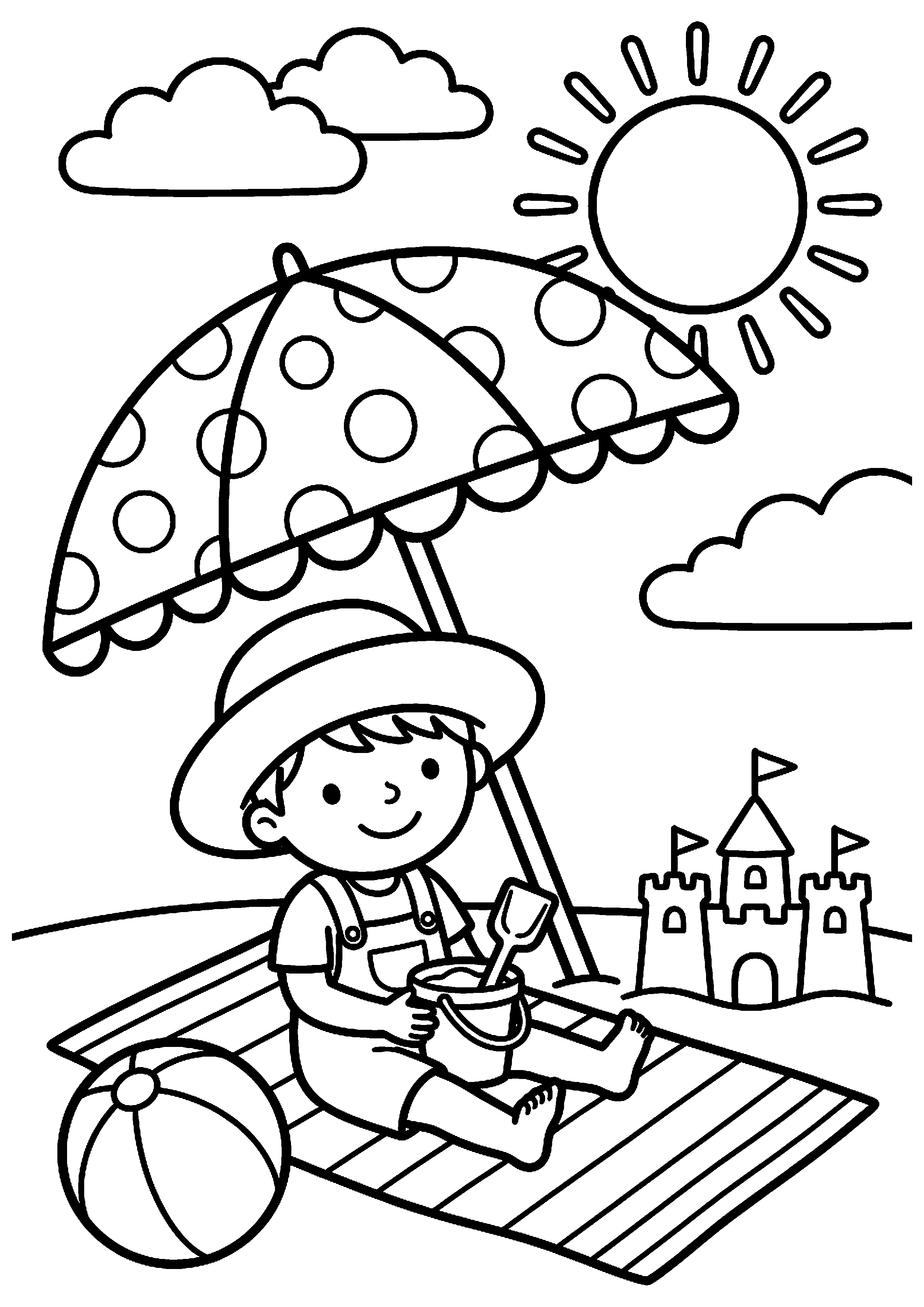 Kind zit onder parasol kleurplaat — gratis kleurplaat printen