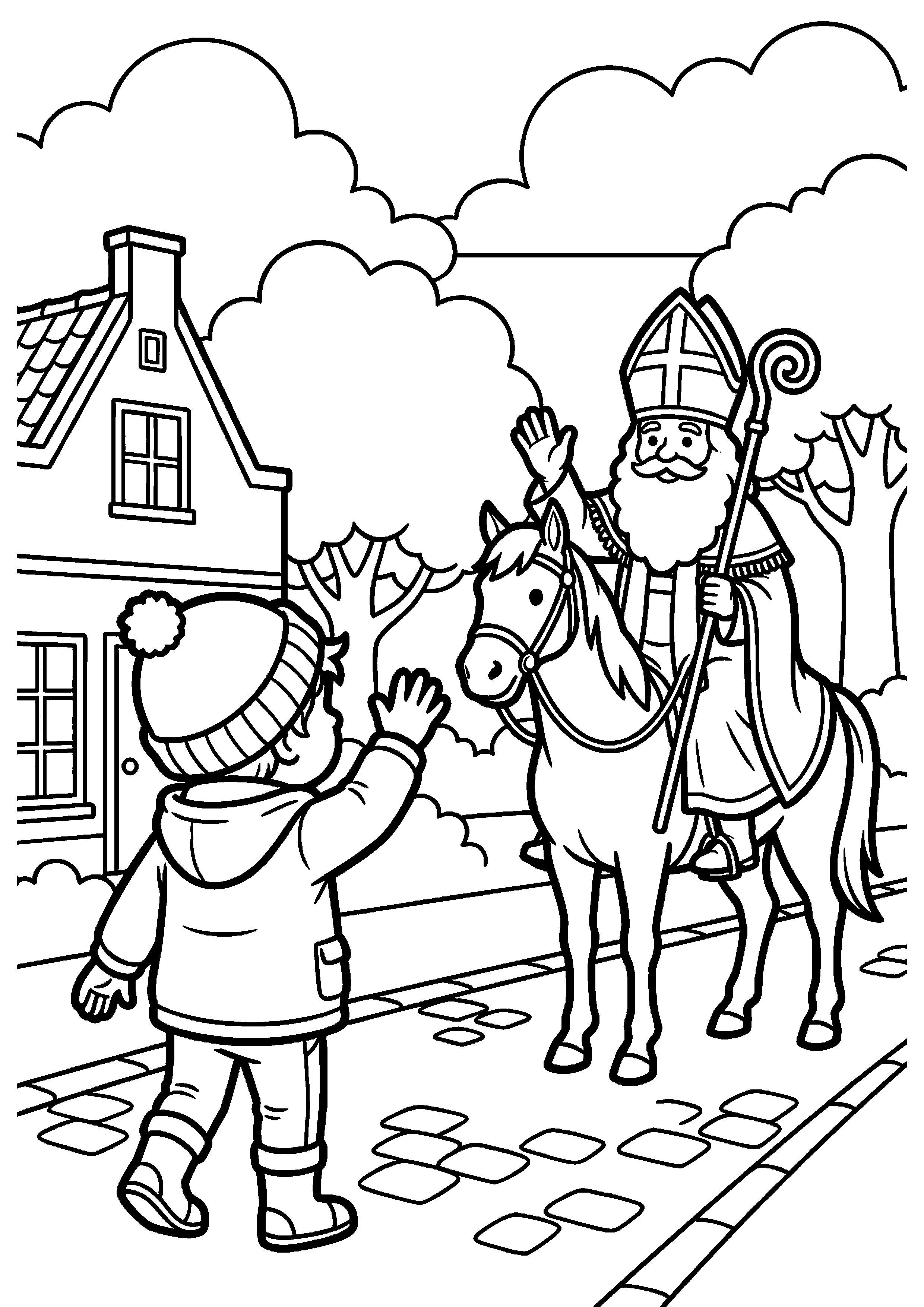 Kind zwaait naar Sinterklaas kleurplaat