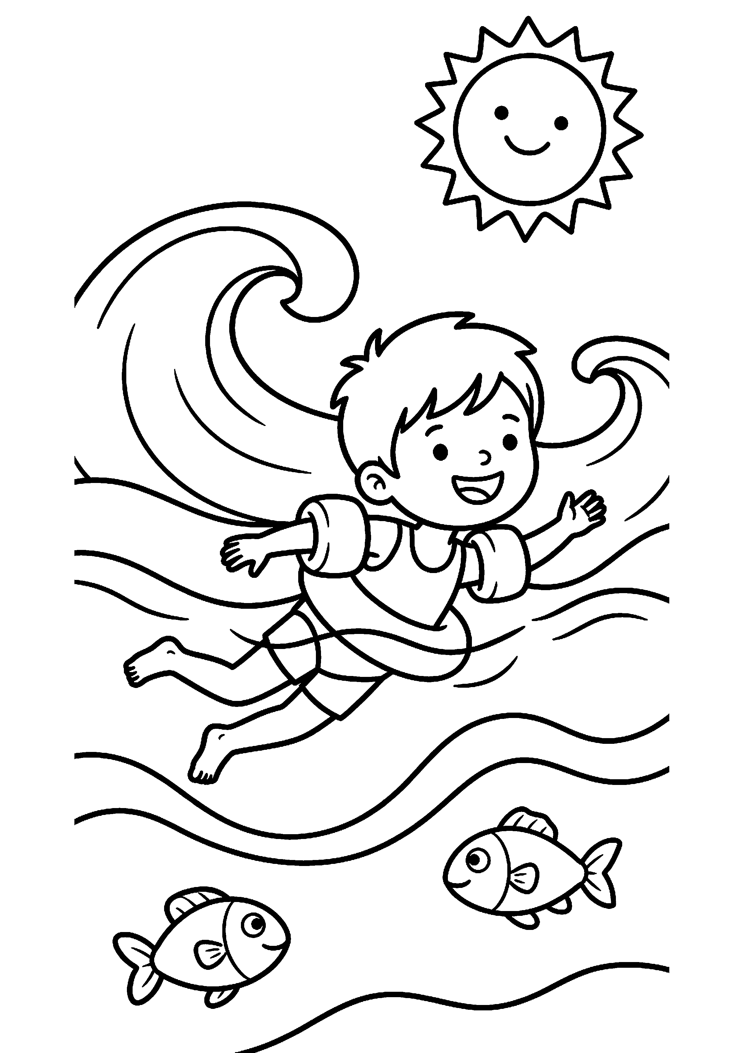 Kind zwemt in zee kleurplaat — gratis kleurplaat printen