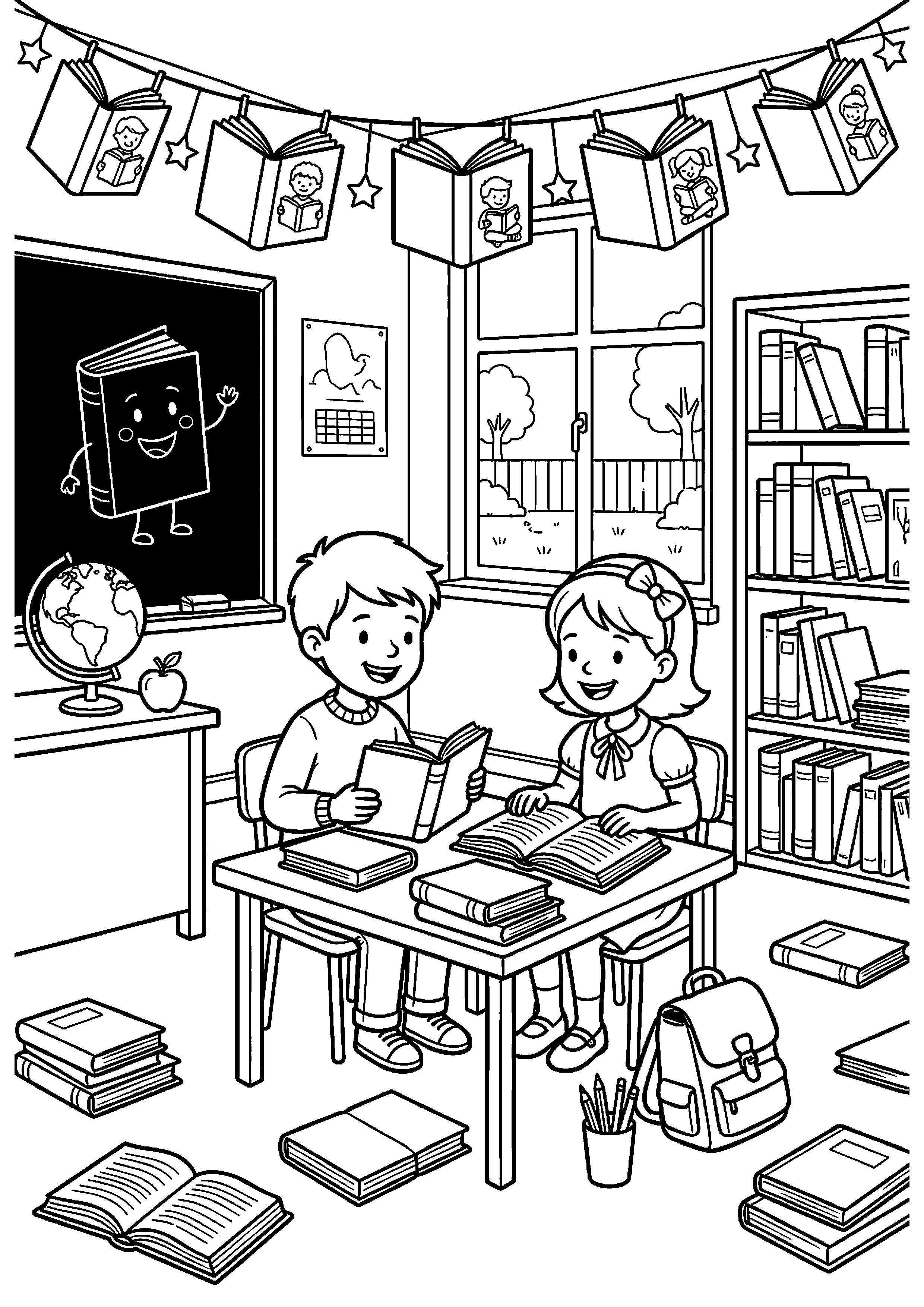 Kinderboekenweek op school met boeken kleurplaat — gratis kleurplaat printen