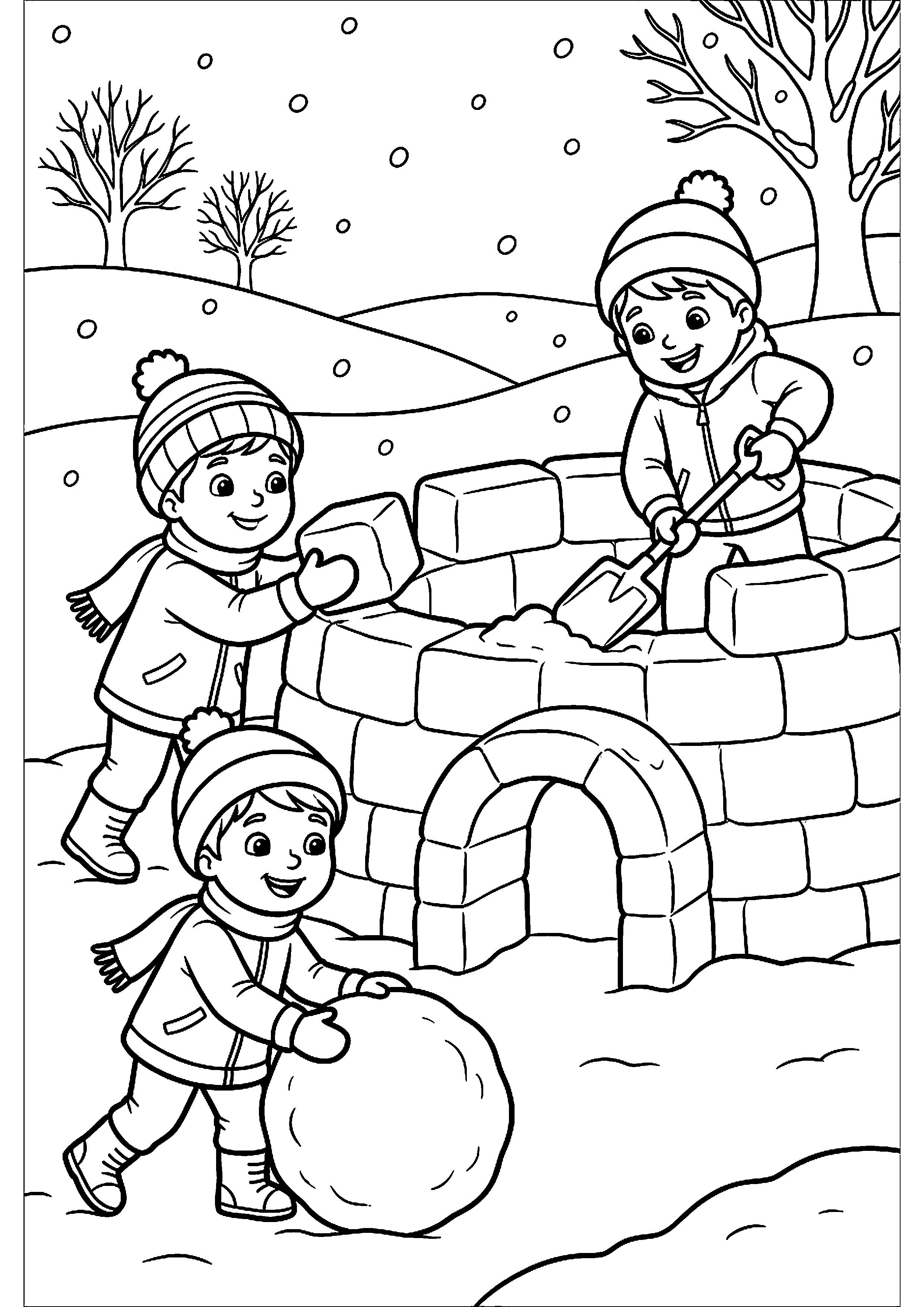 Kinderen bouwen sneeuwfort kleurplaat — gratis kleurplaat printen