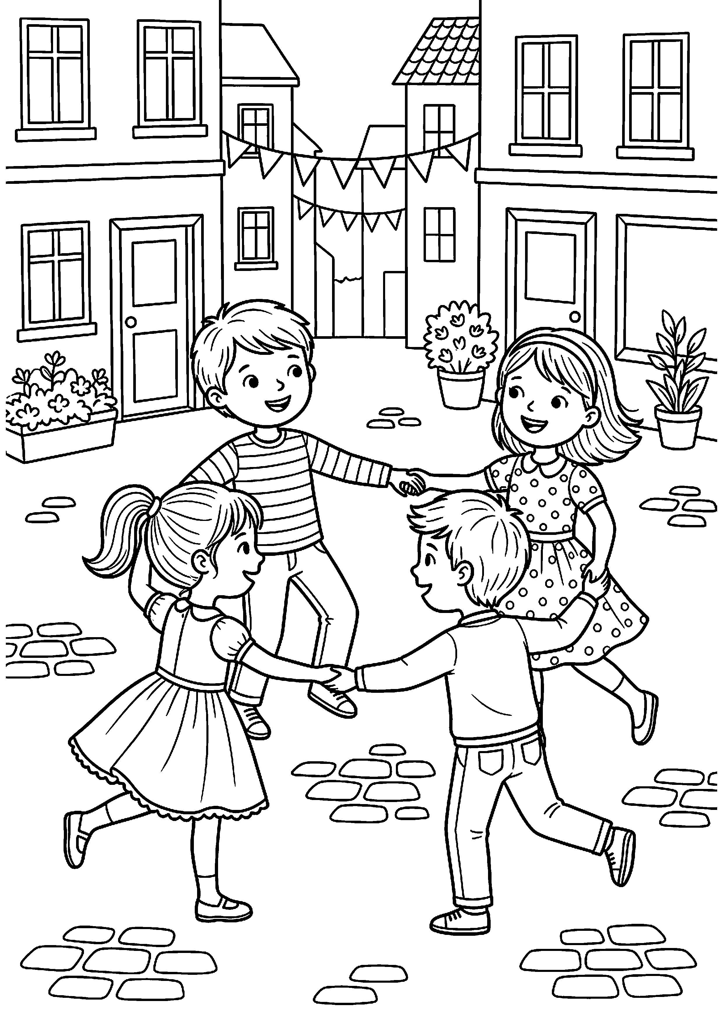Kinderen dansen op plein kleurplaat — gratis kleurplaat printen