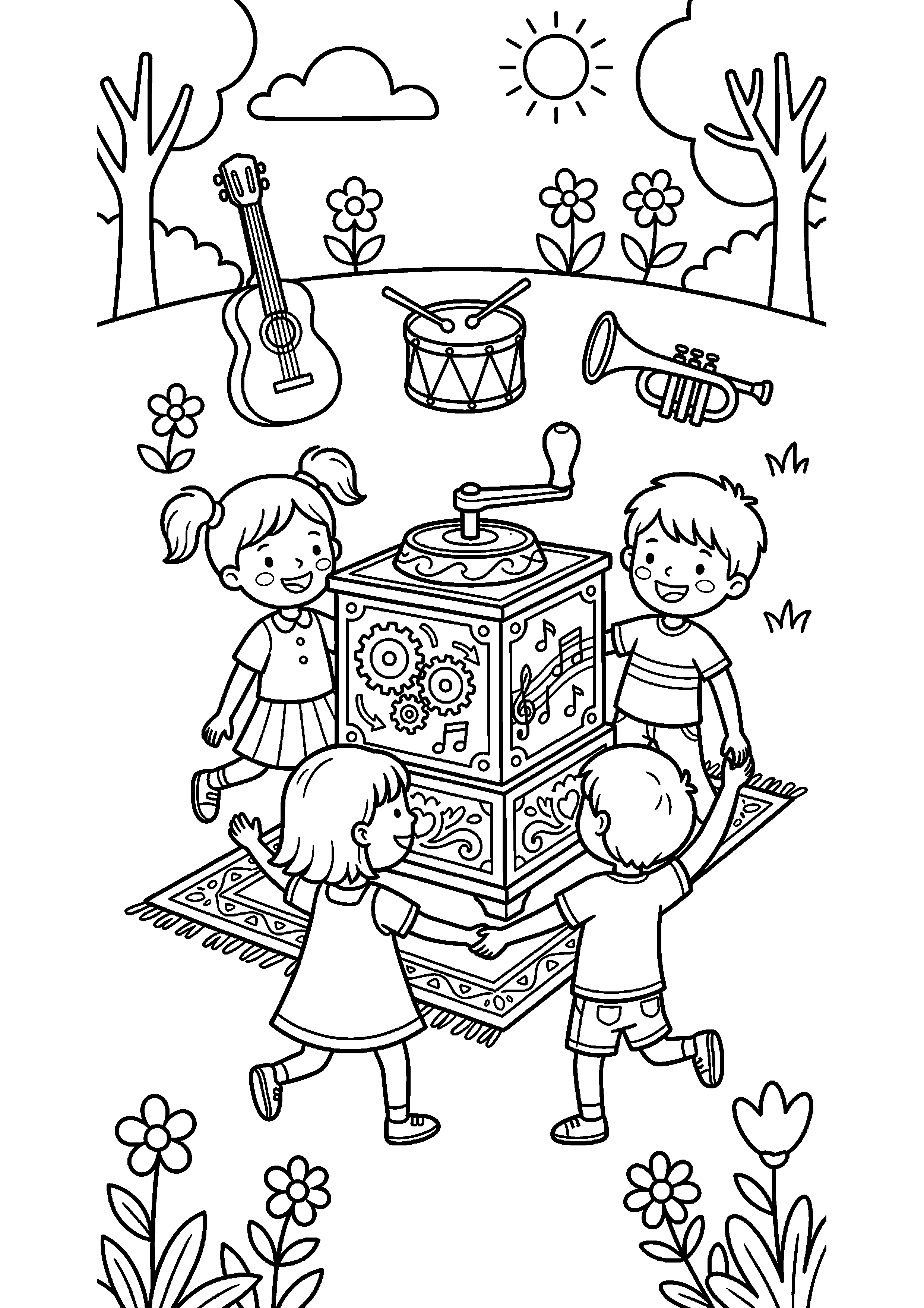 Kinderen dansen rond muziekbox kleurplaat — gratis kleurplaat printen