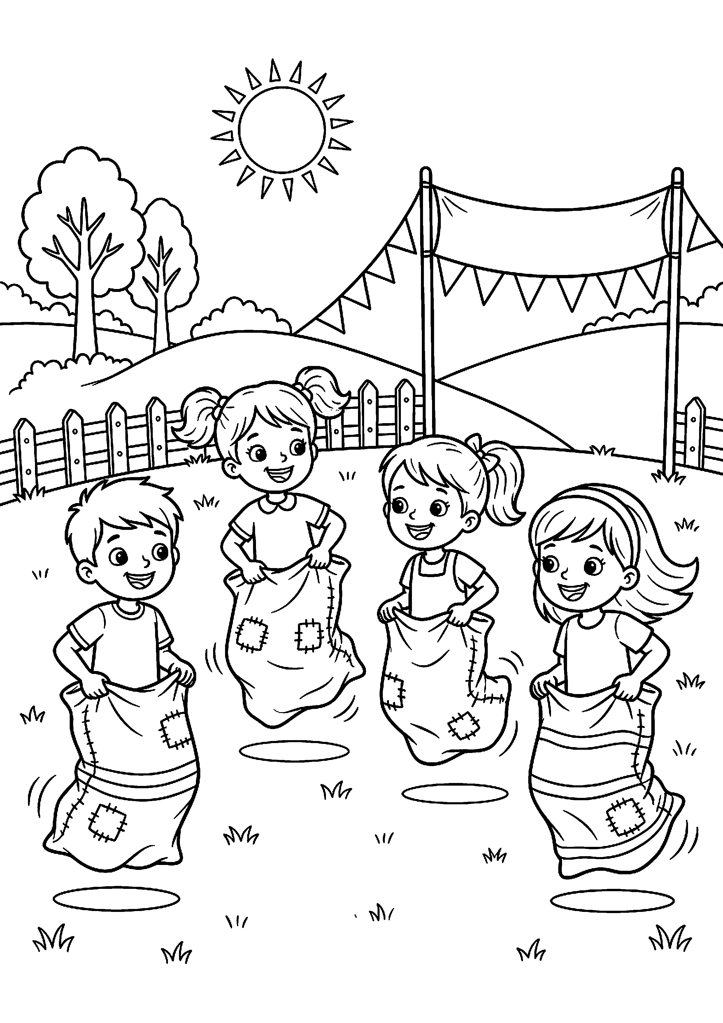 Kinderen doen zakkenrace kleurplaat — gratis kleurplaat printen