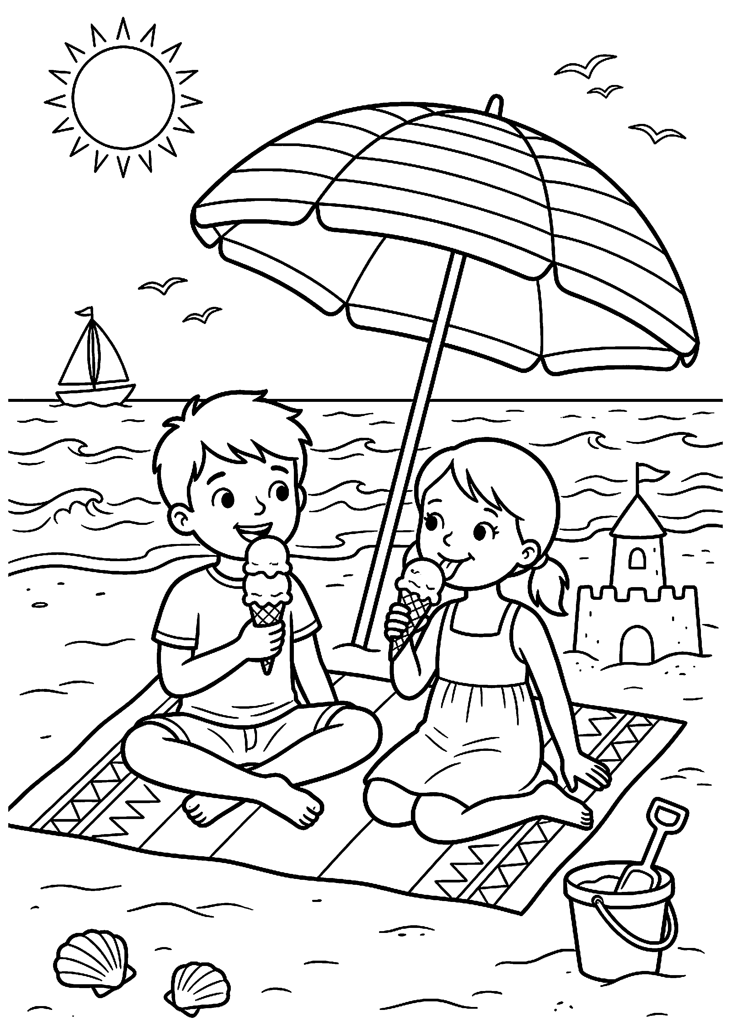 Kinderen eten ijsje op strand kleurplaat — gratis kleurplaat printen