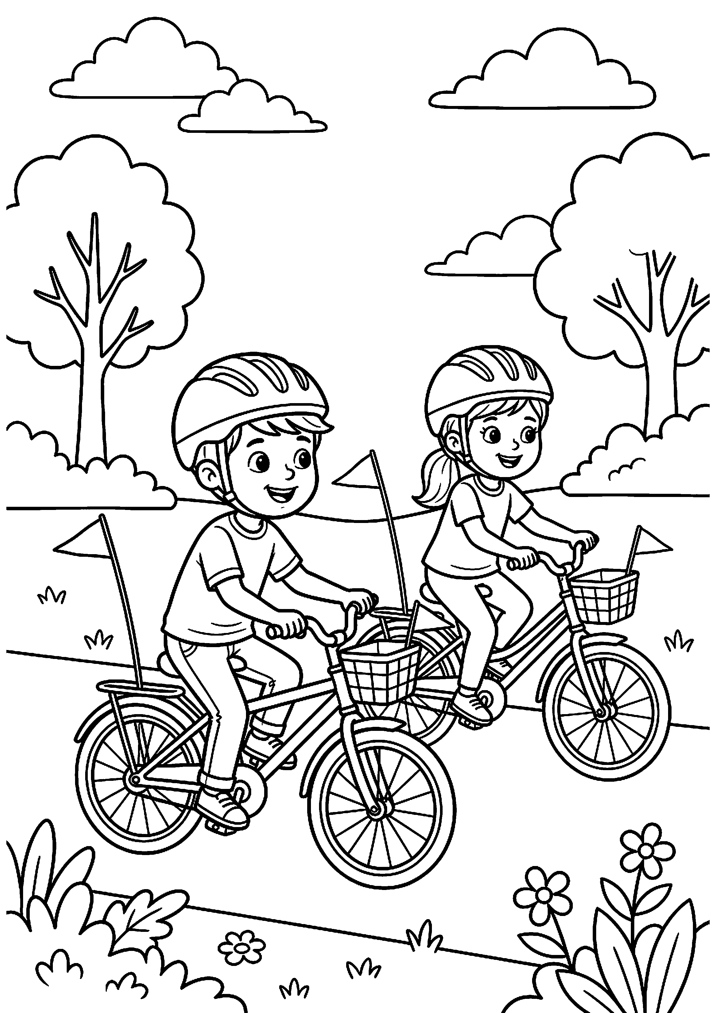 Kinderen fietsen met vlaggetjes kleurplaat — gratis kleurplaat printen