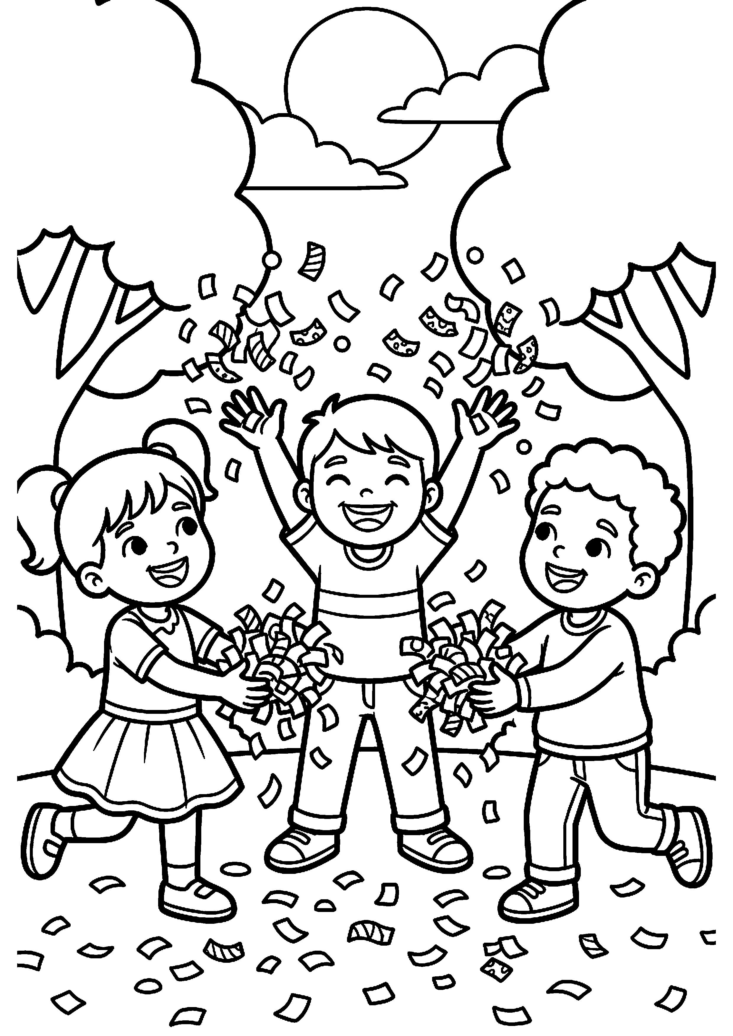 Kinderen gooien confetti kleurplaat — gratis kleurplaat printen