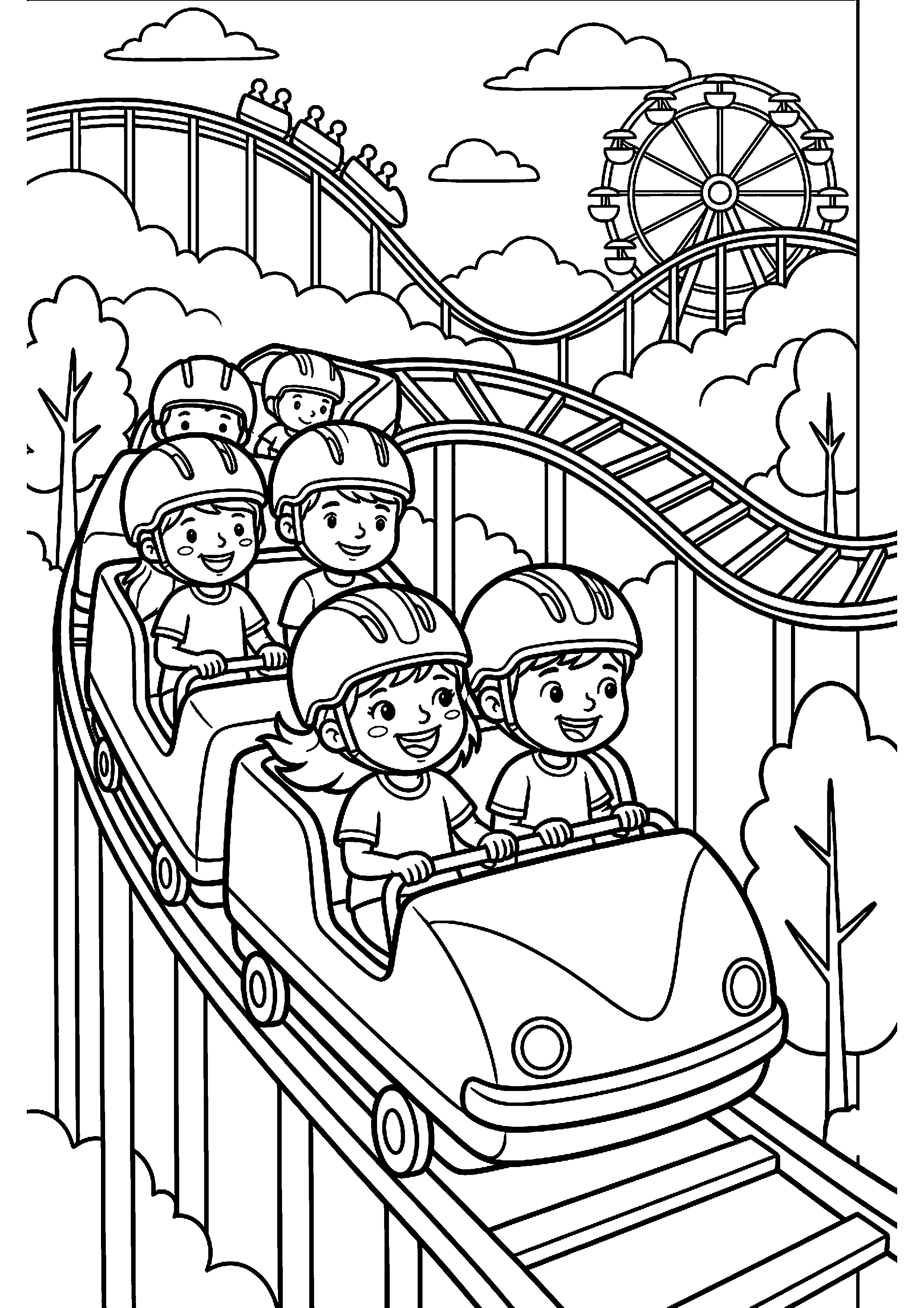 Kinderen in achtbaan met rails kleurplaat — gratis kleurplaat printen