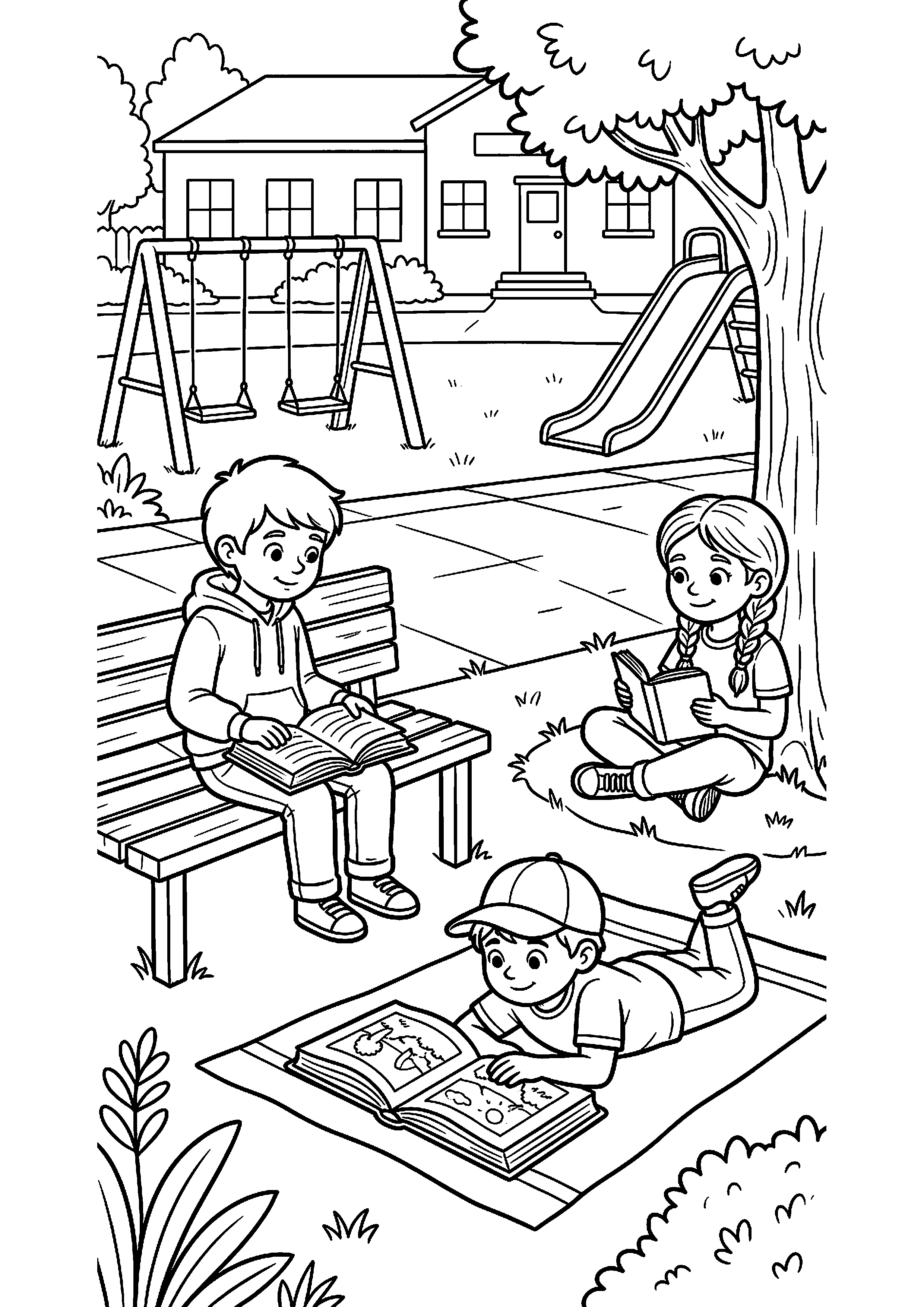Kinderen lezen op het schoolplein kleurplaat — gratis kleurplaat printen