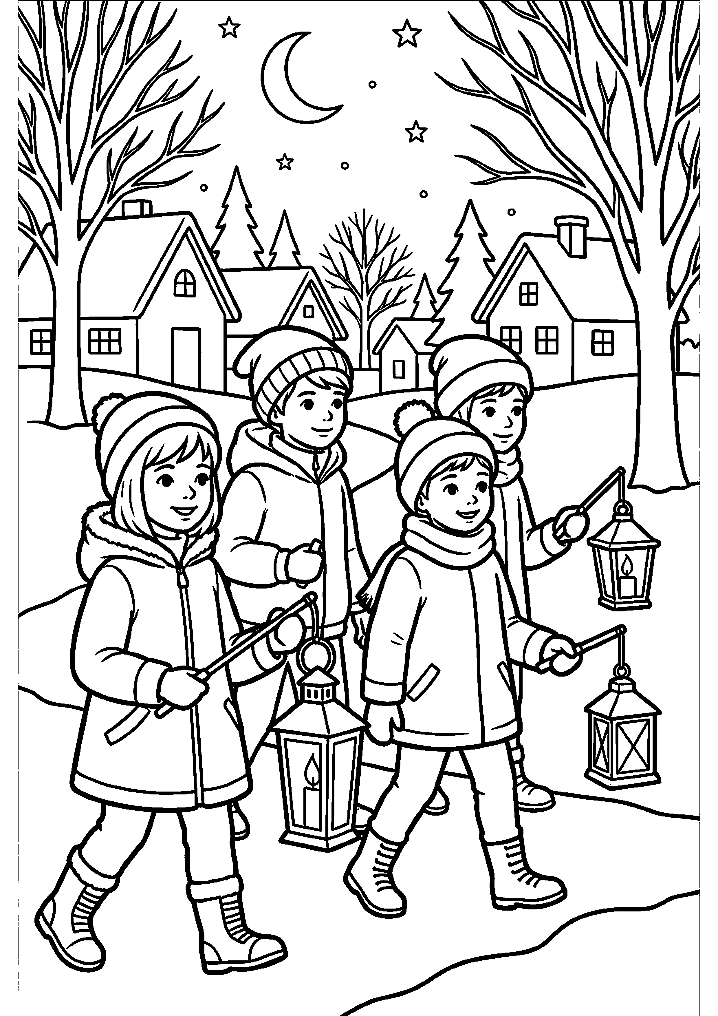 Kinderen lopen met lampionnen kleurplaat — gratis kleurplaat printen