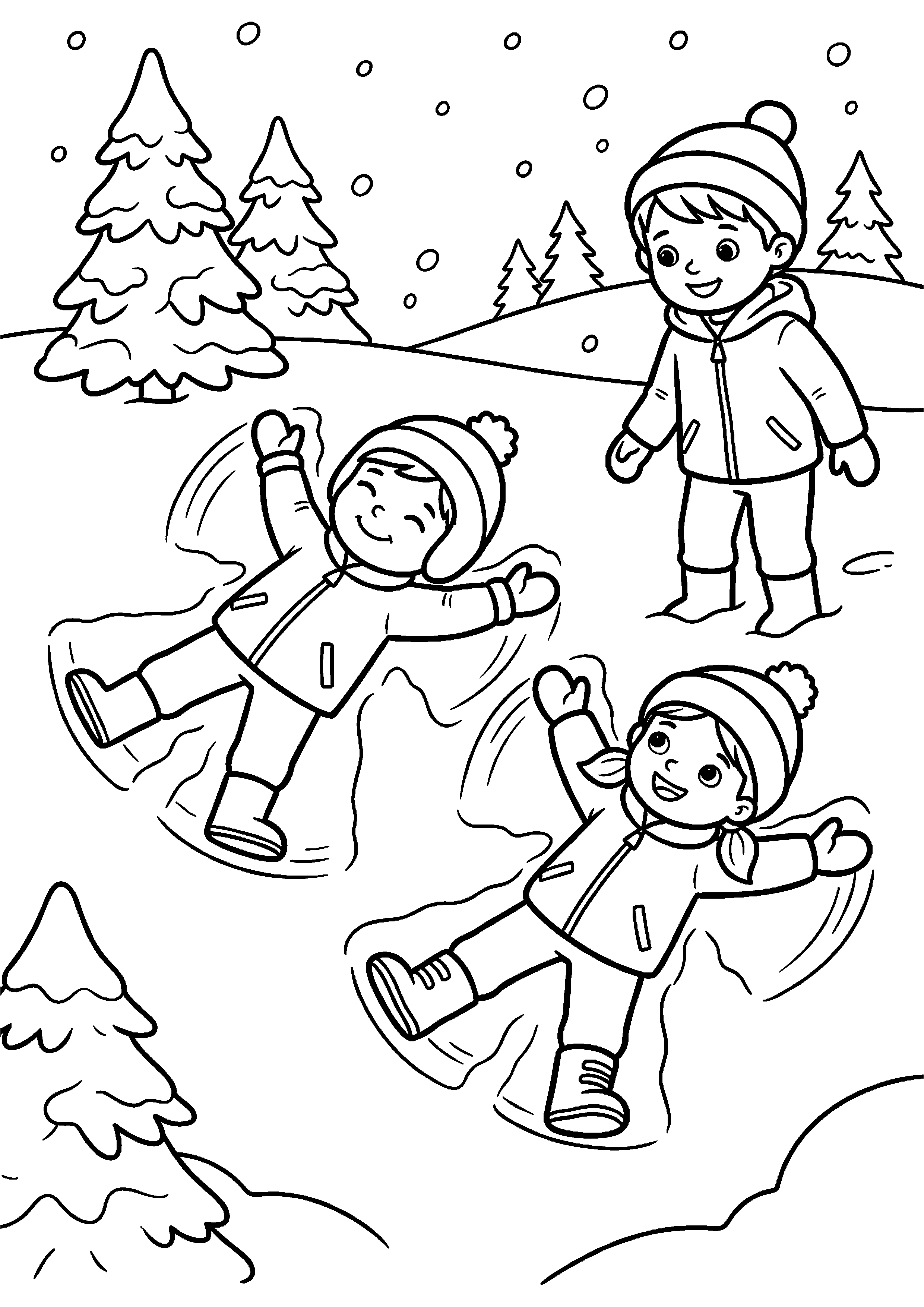 Kinderen maken sneeuwengel kleurplaat — gratis kleurplaat printen