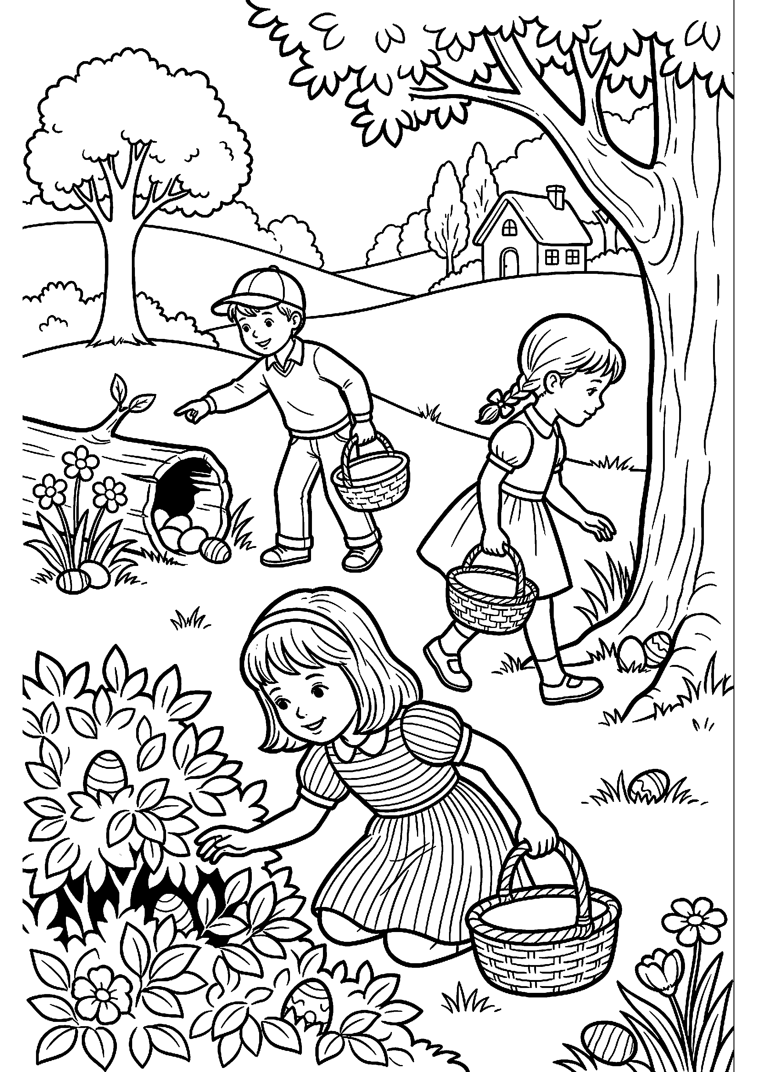 Kinderen met mandjes zoeken eieren kleurplaat — gratis kleurplaat