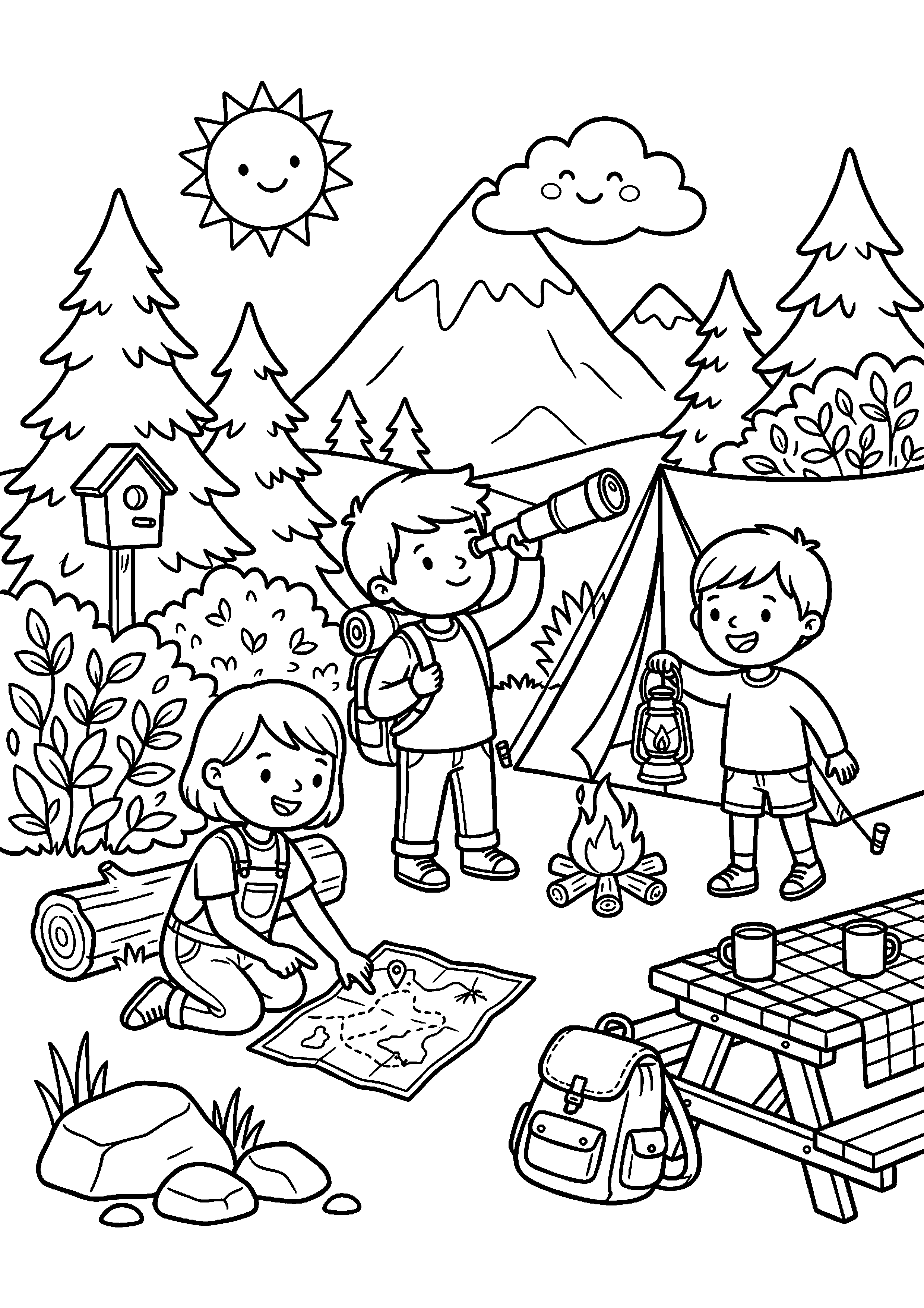 Kinderen op camping kleurplaat — gratis kleurplaat printen