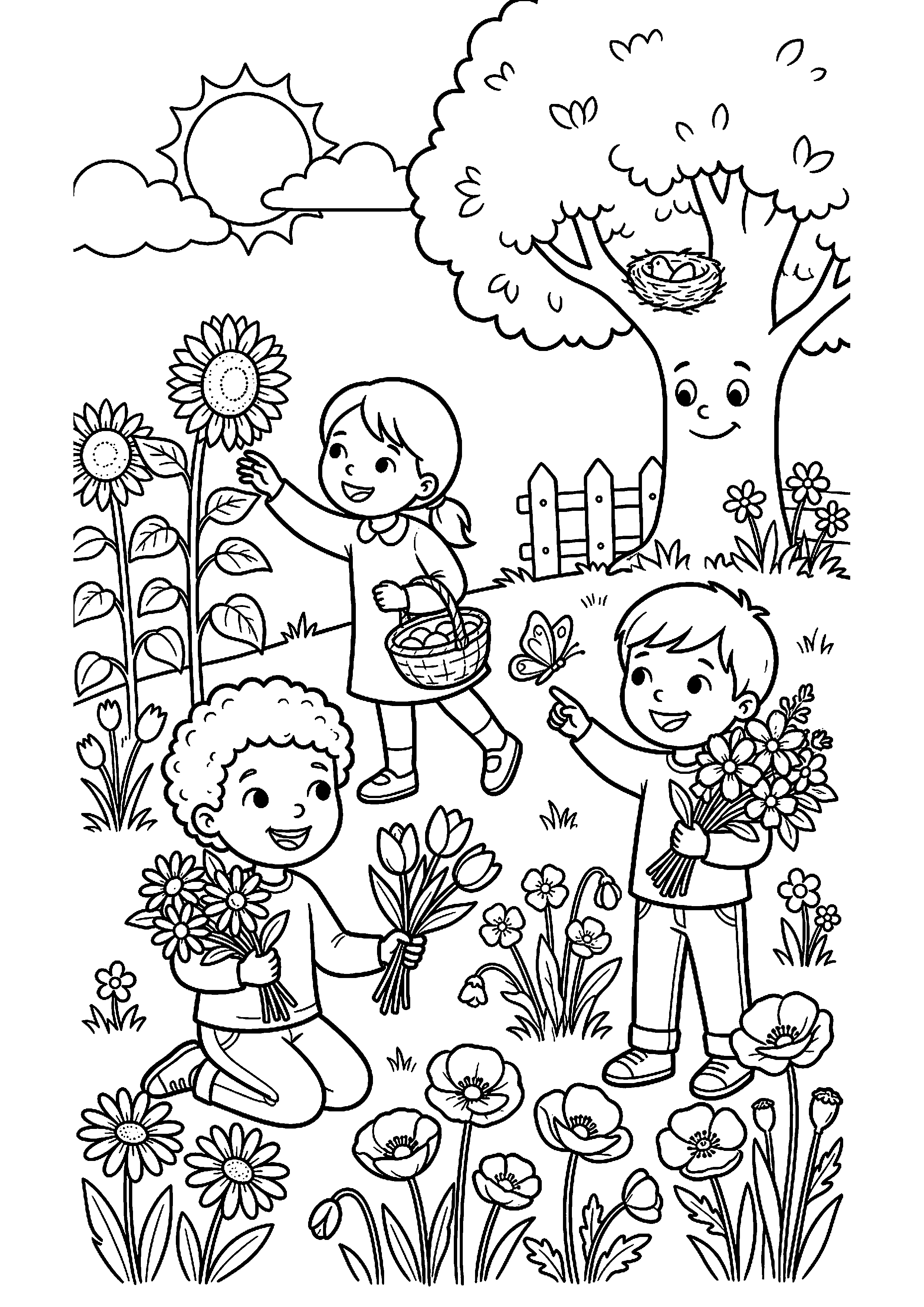 Kinderen plukken bloemen kleurplaat — gratis kleurplaat printen