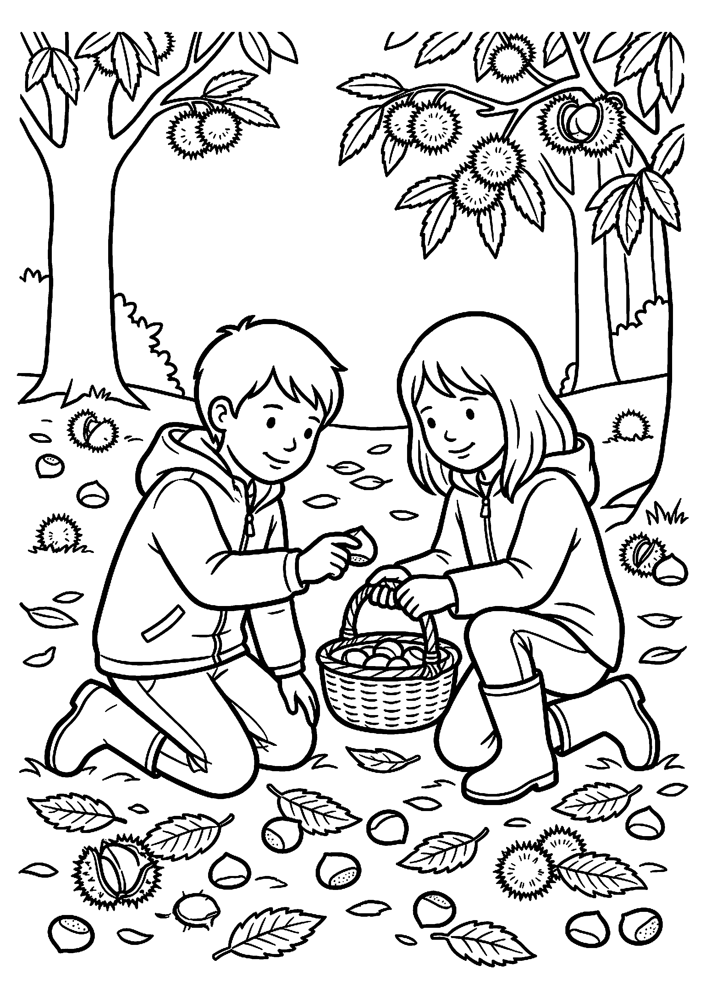 Kinderen rapen kastanjes kleurplaat — gratis kleurplaat printen