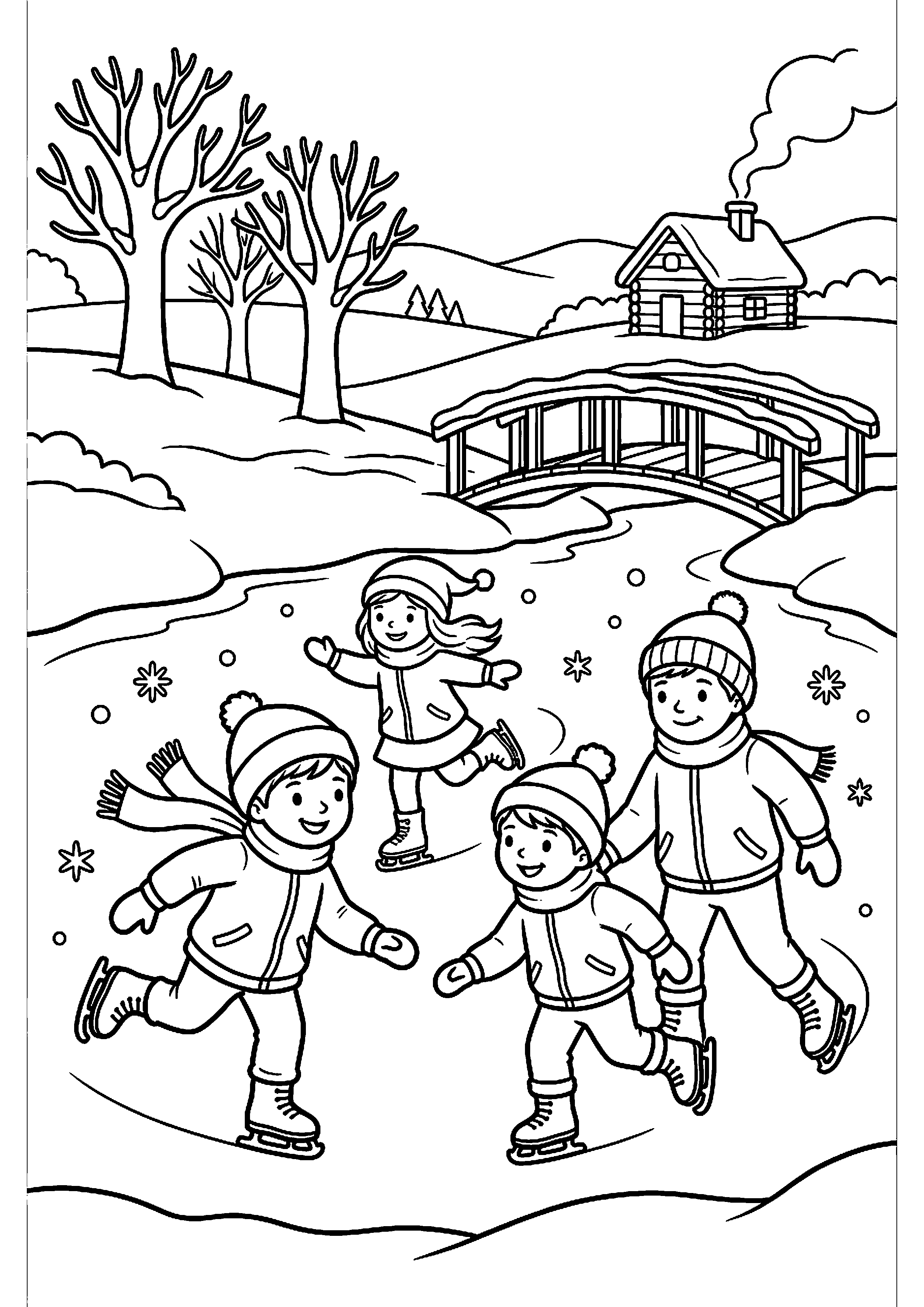 Kinderen schaatsen op bevroren vijver kleurplaat — gratis kleurplaat printen