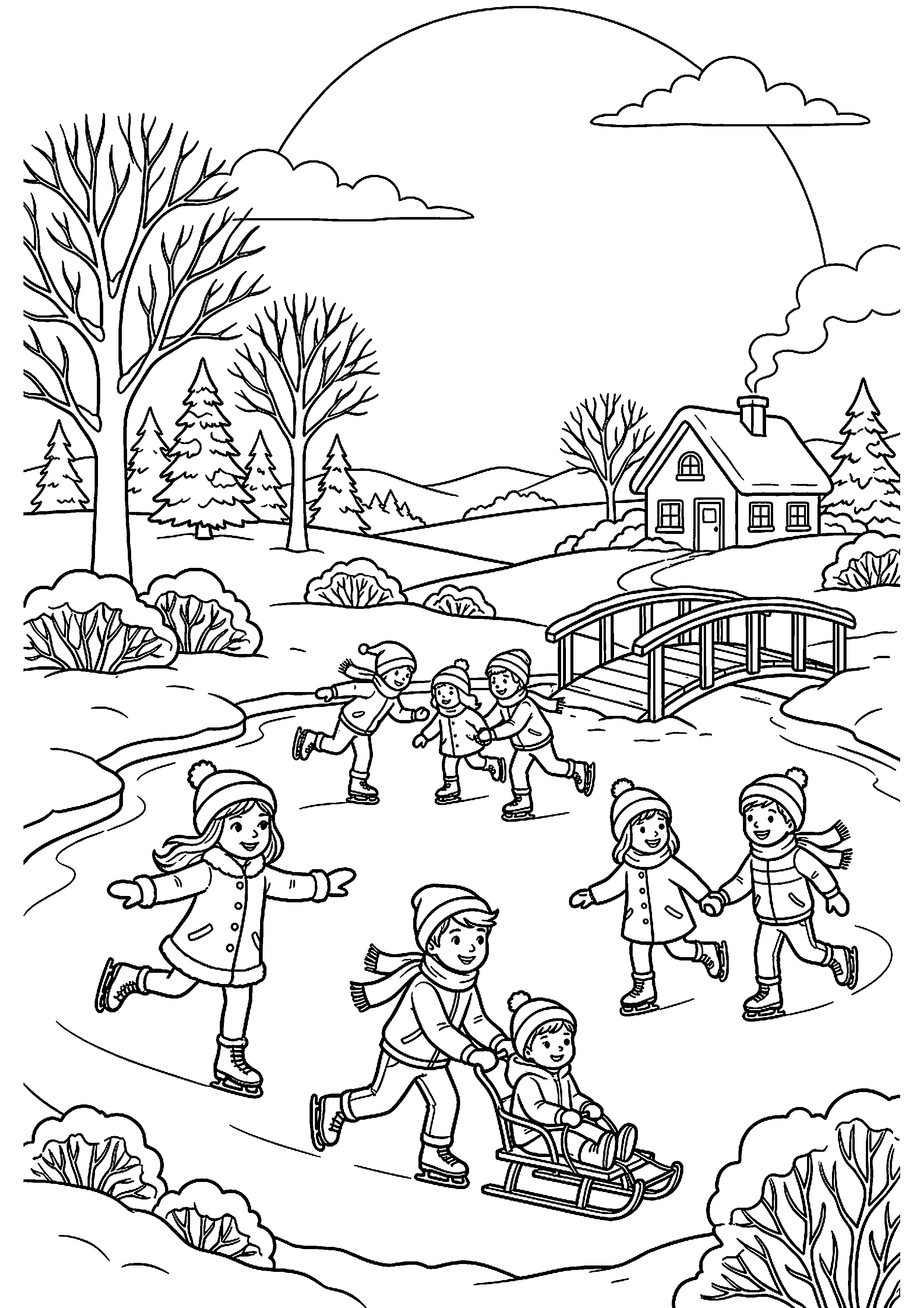 Kinderen schaatsen op grote vijver kleurplaat — gratis kleurplaat printen