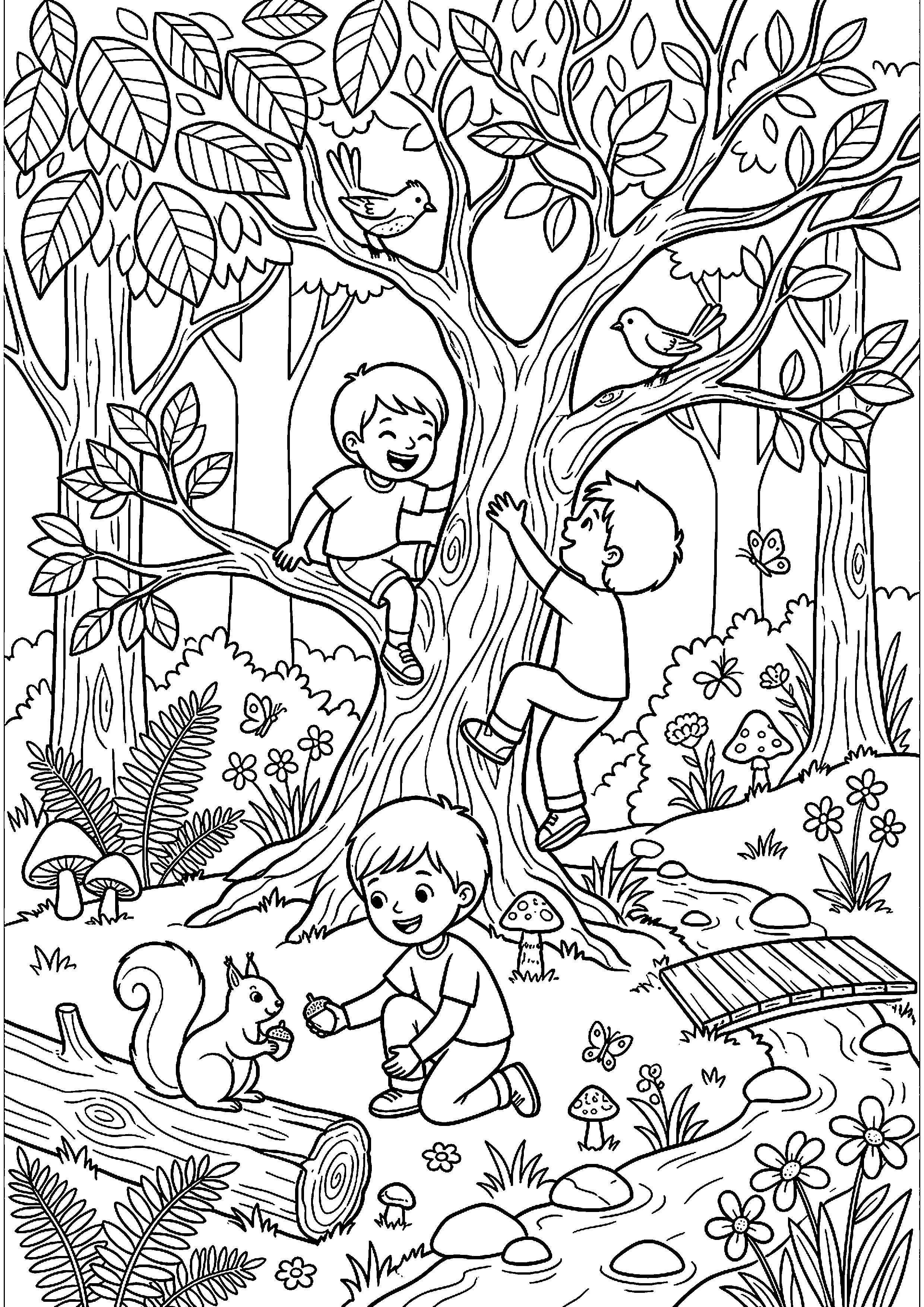 Kinderen spelen in bos kleurplaat — gratis kleurplaat printen