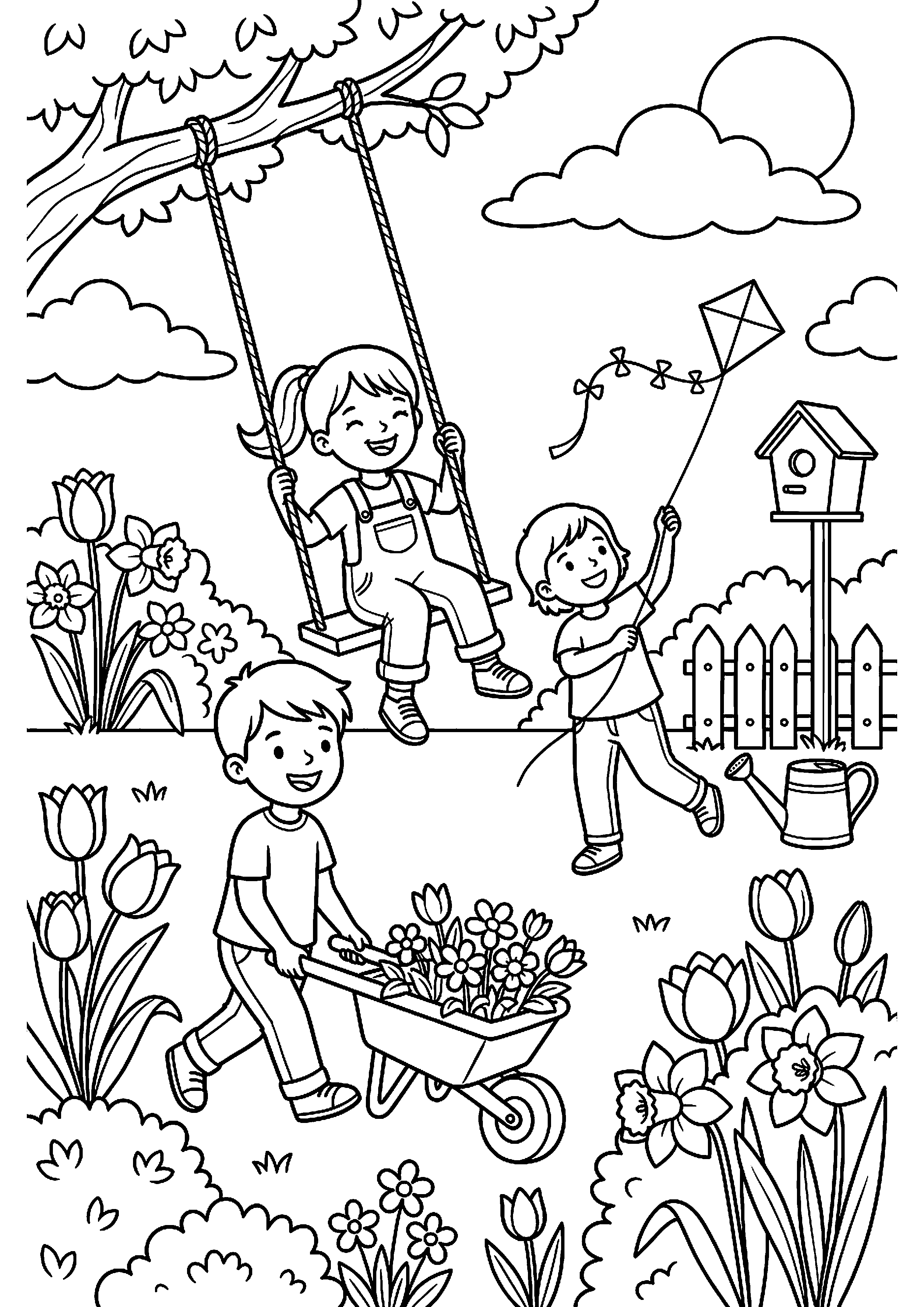 Kinderen spelen in lentetuin kleurplaat — gratis kleurplaat printen