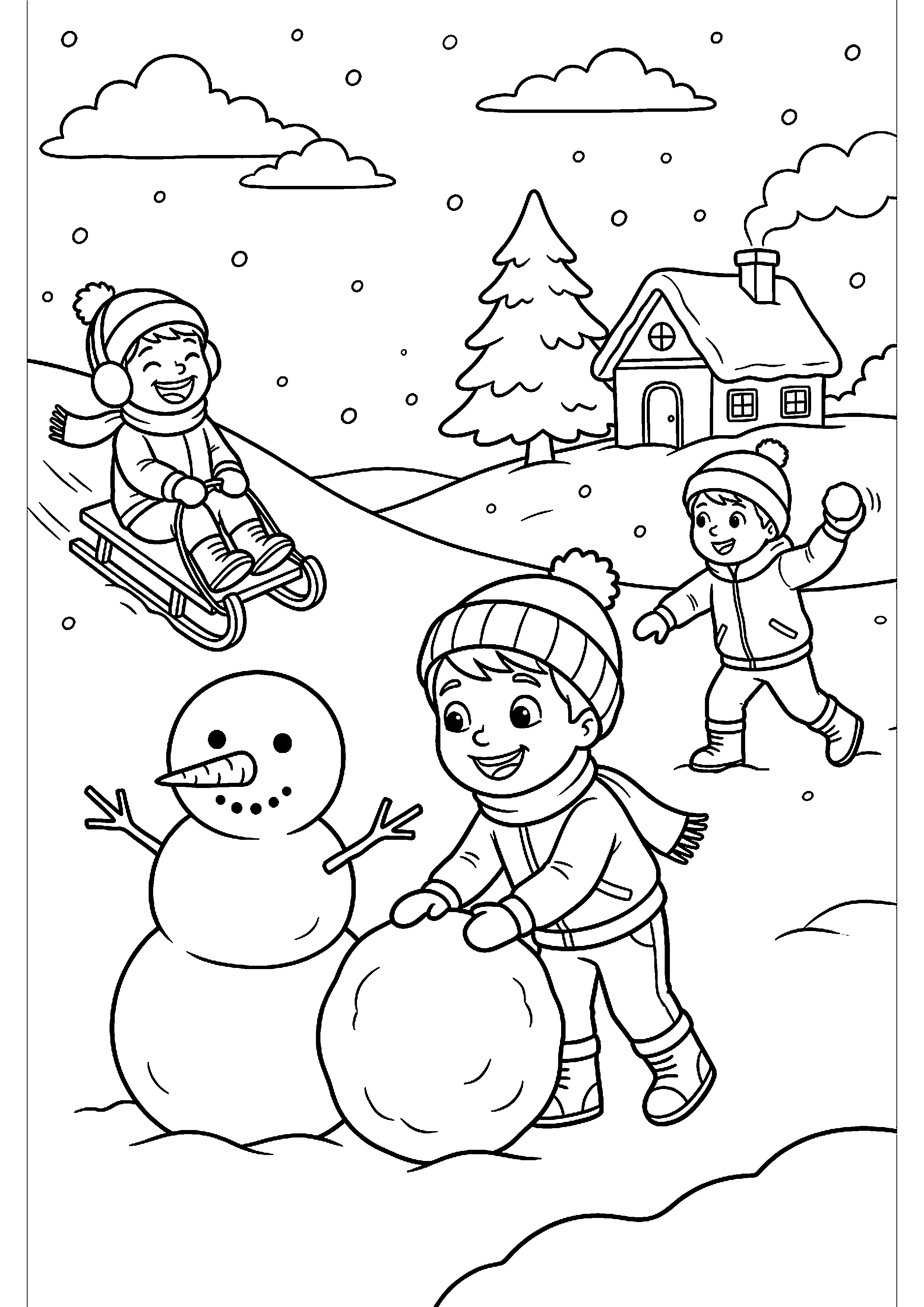 Kinderen spelen in sneeuw kleurplaat — gratis kleurplaat printen