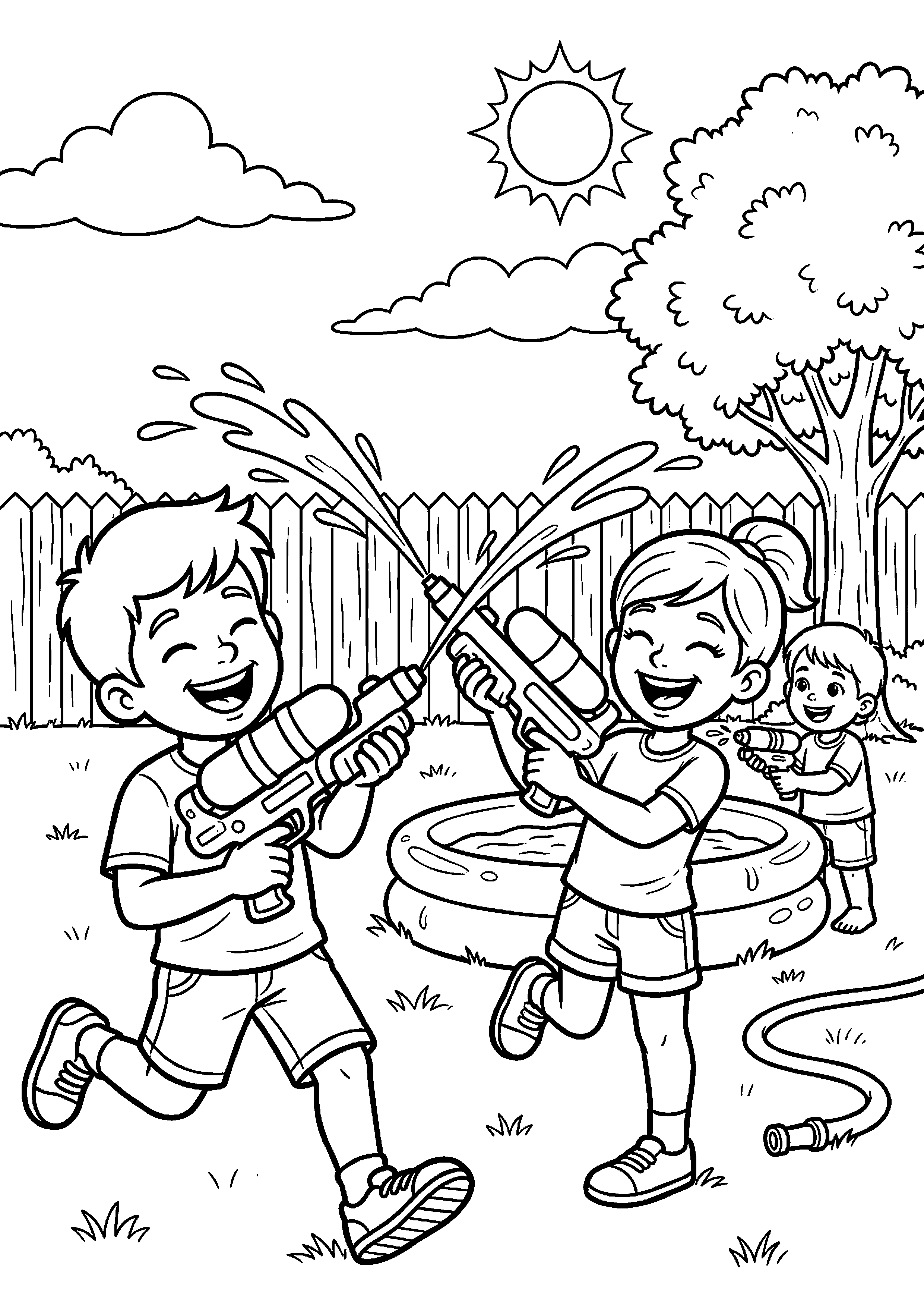 Kinderen spelen met waterpistolen kleurplaat — gratis kleurplaat printen