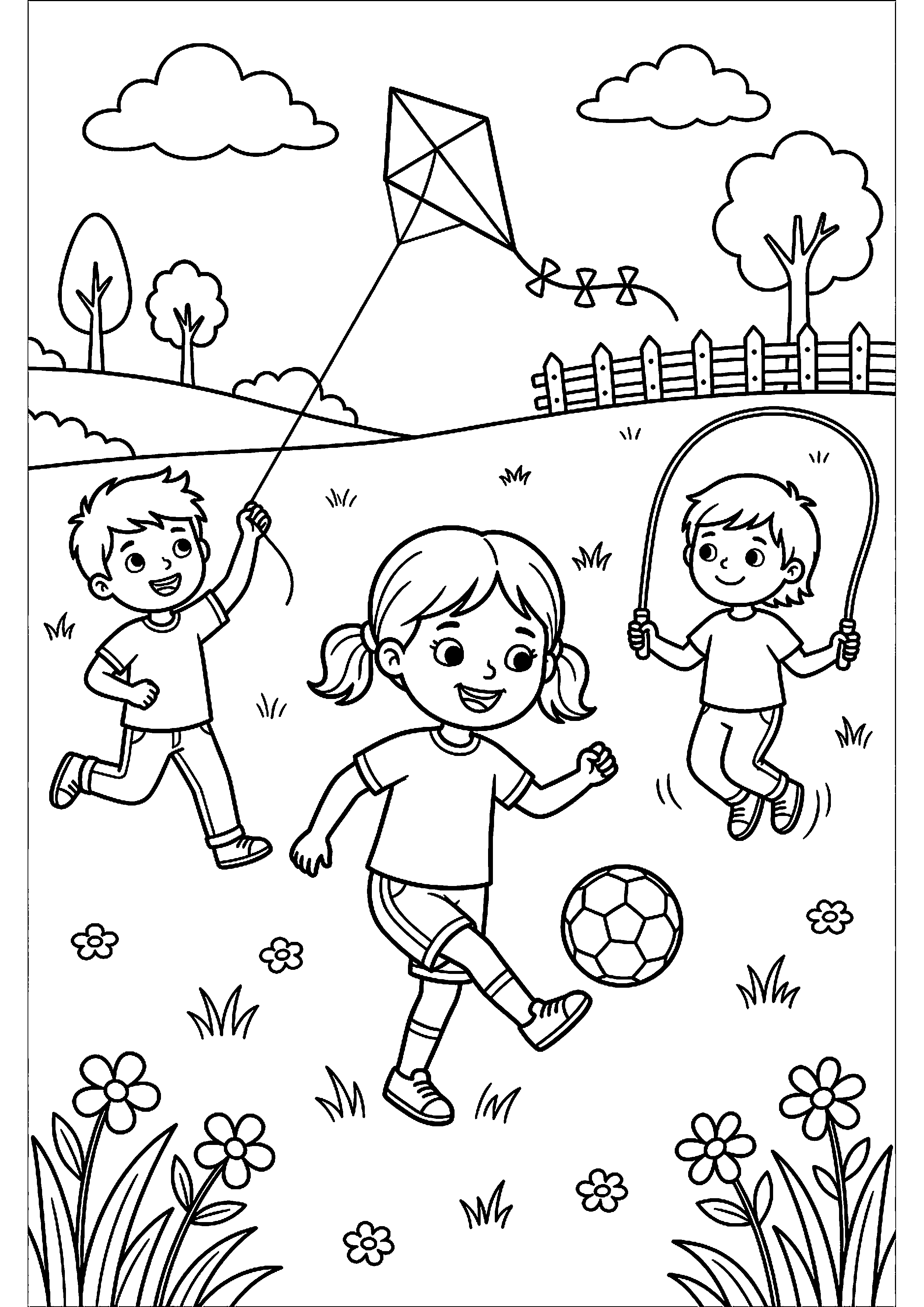 Kinderen spelen op grasveld kleurplaat — gratis kleurplaat printen