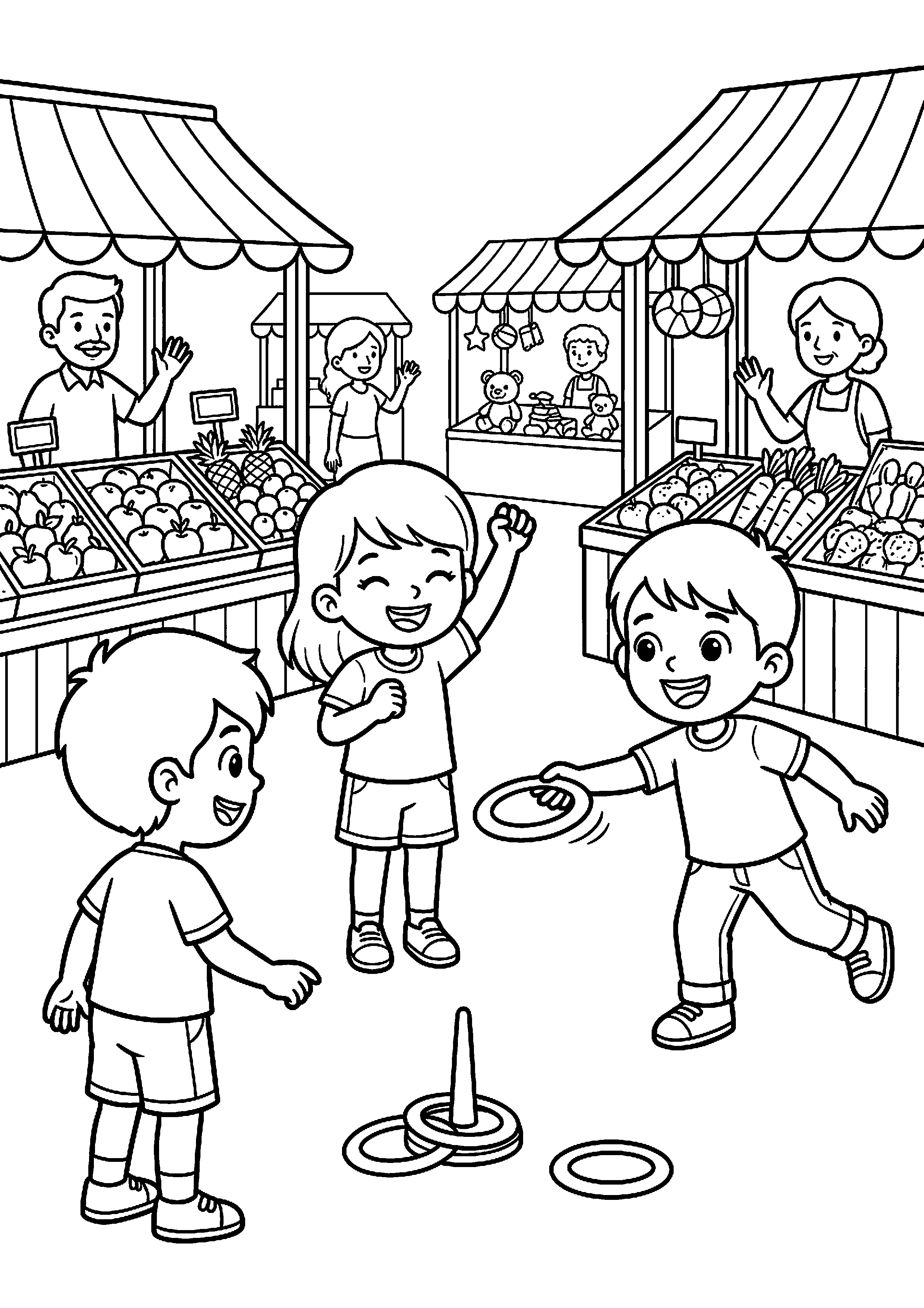 Kinderen spelen spelletje op markt kleurplaat — gratis kleurplaat printen