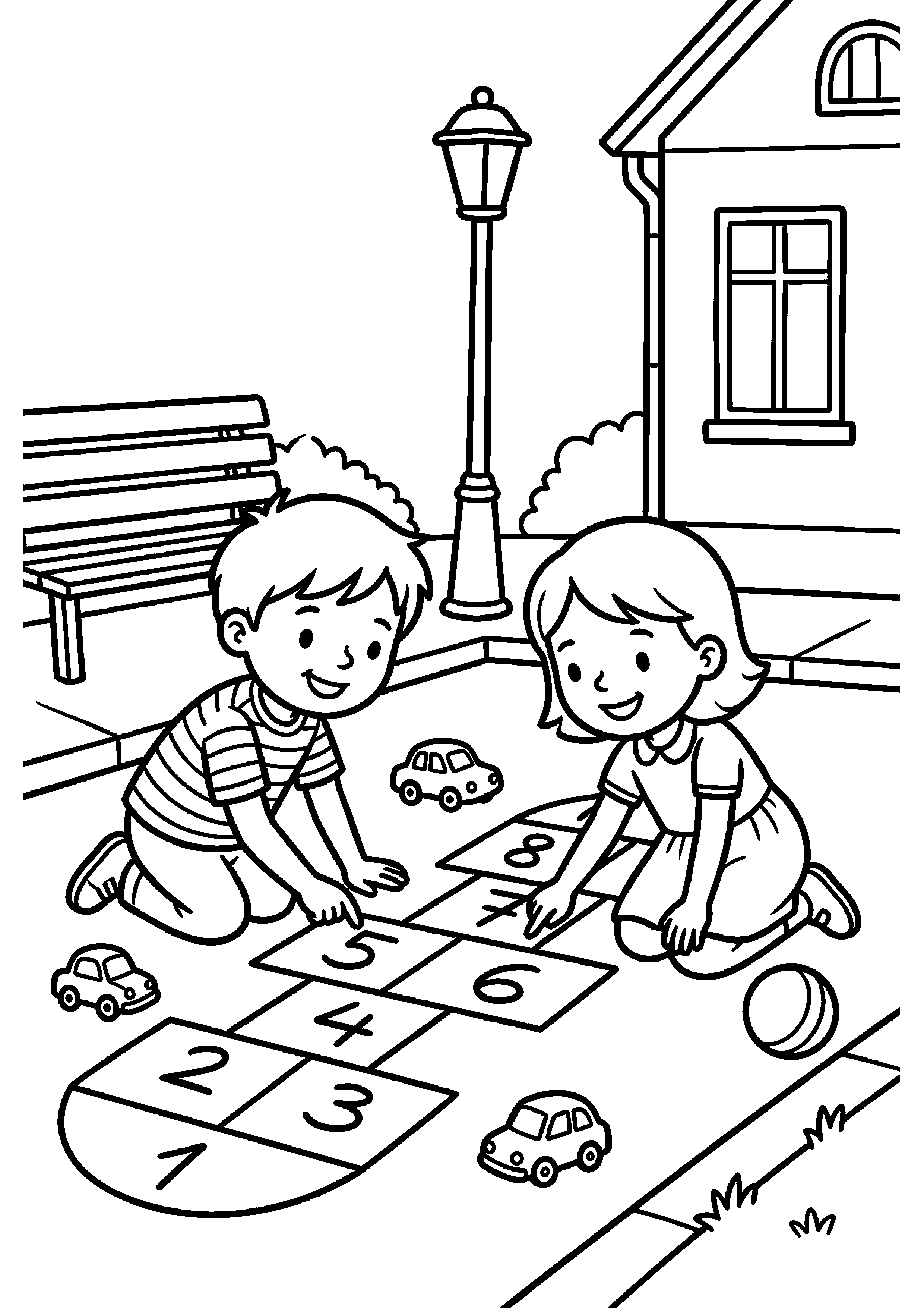 Kinderen spelen spelletje op straat kleurplaat — gratis kleurplaat printen