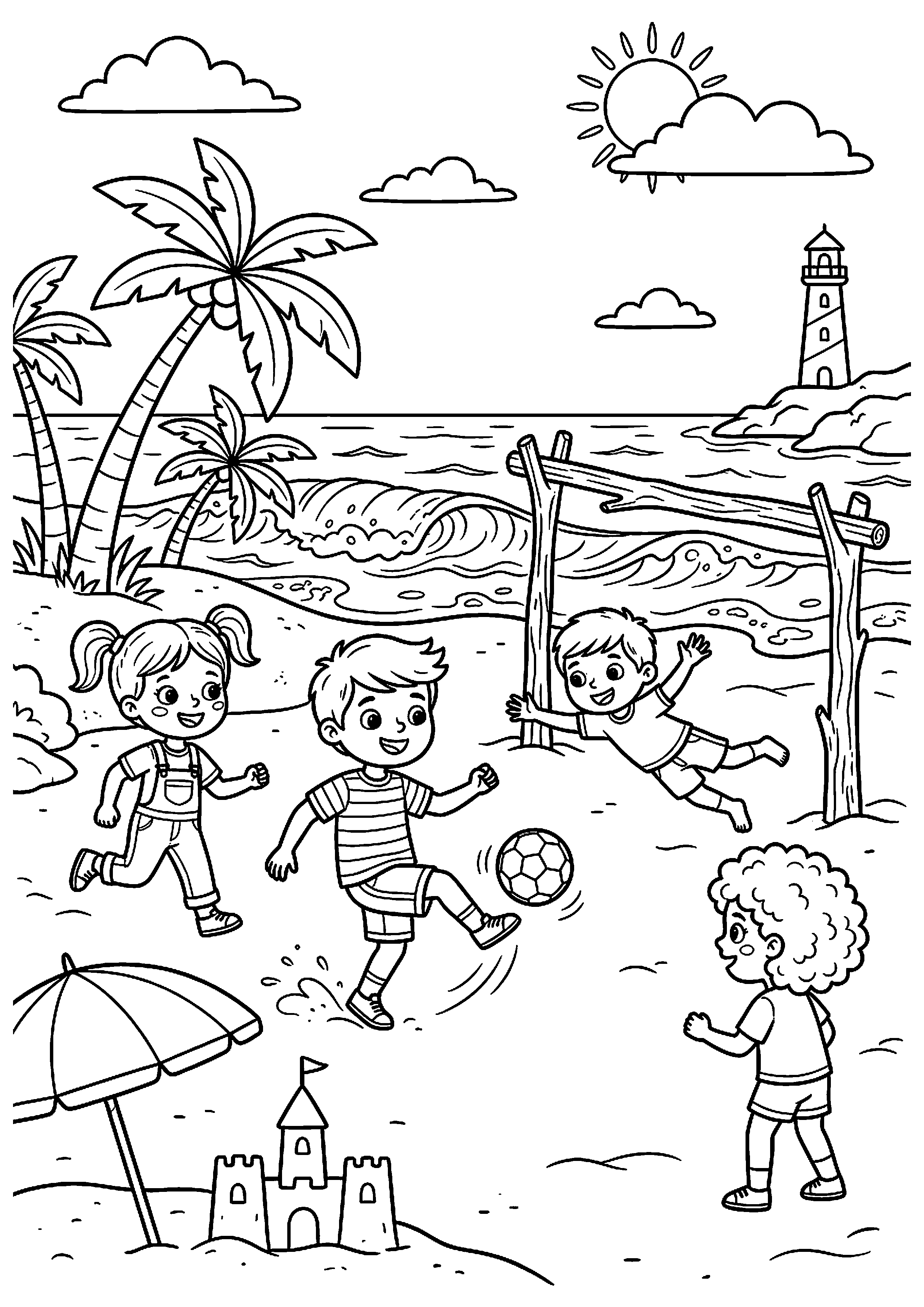 Kinderen spelen voetbal op strand kleurplaat — gratis kleurplaat printen