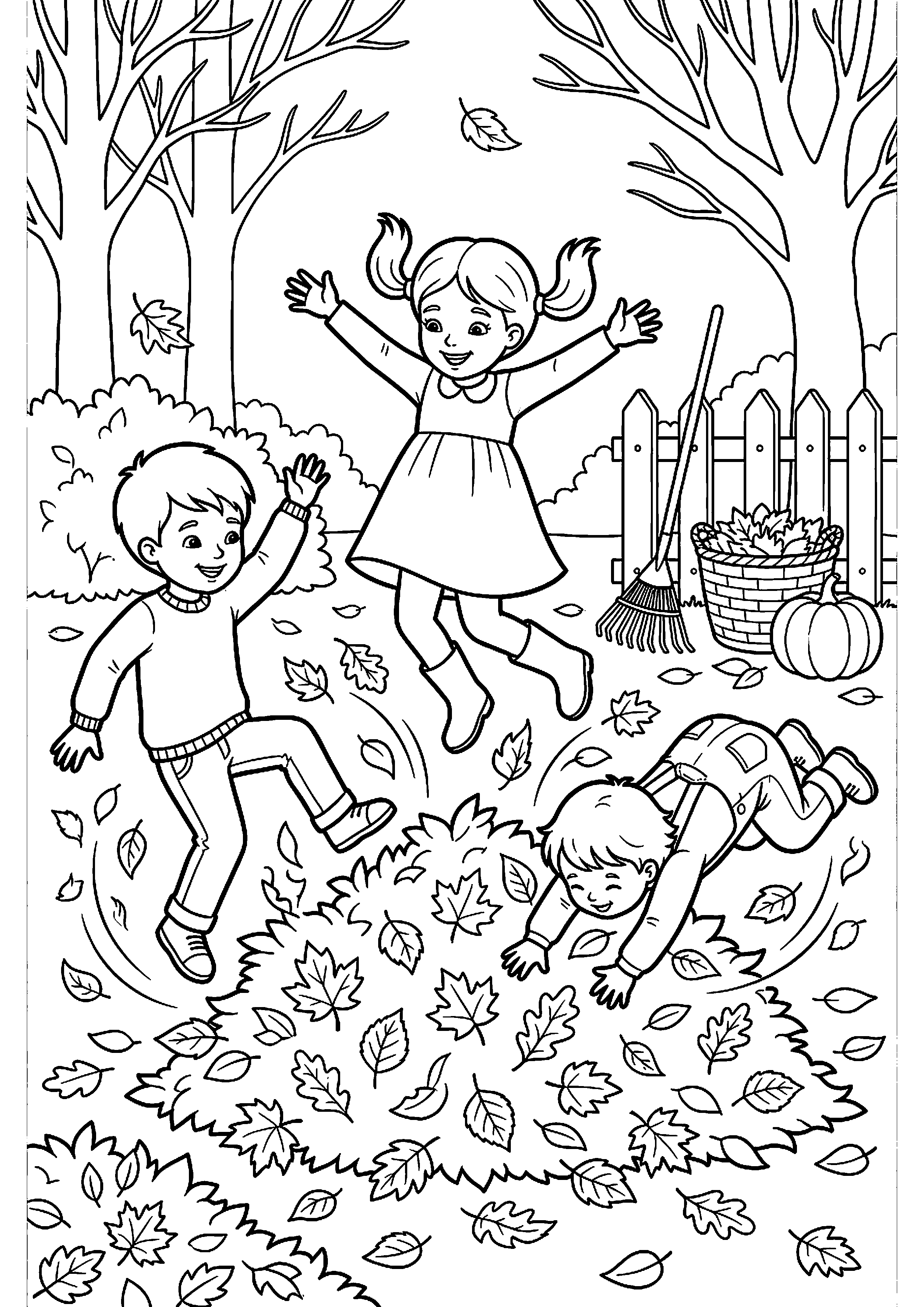Kinderen springen in bladeren kleurplaat — gratis kleurplaat printen