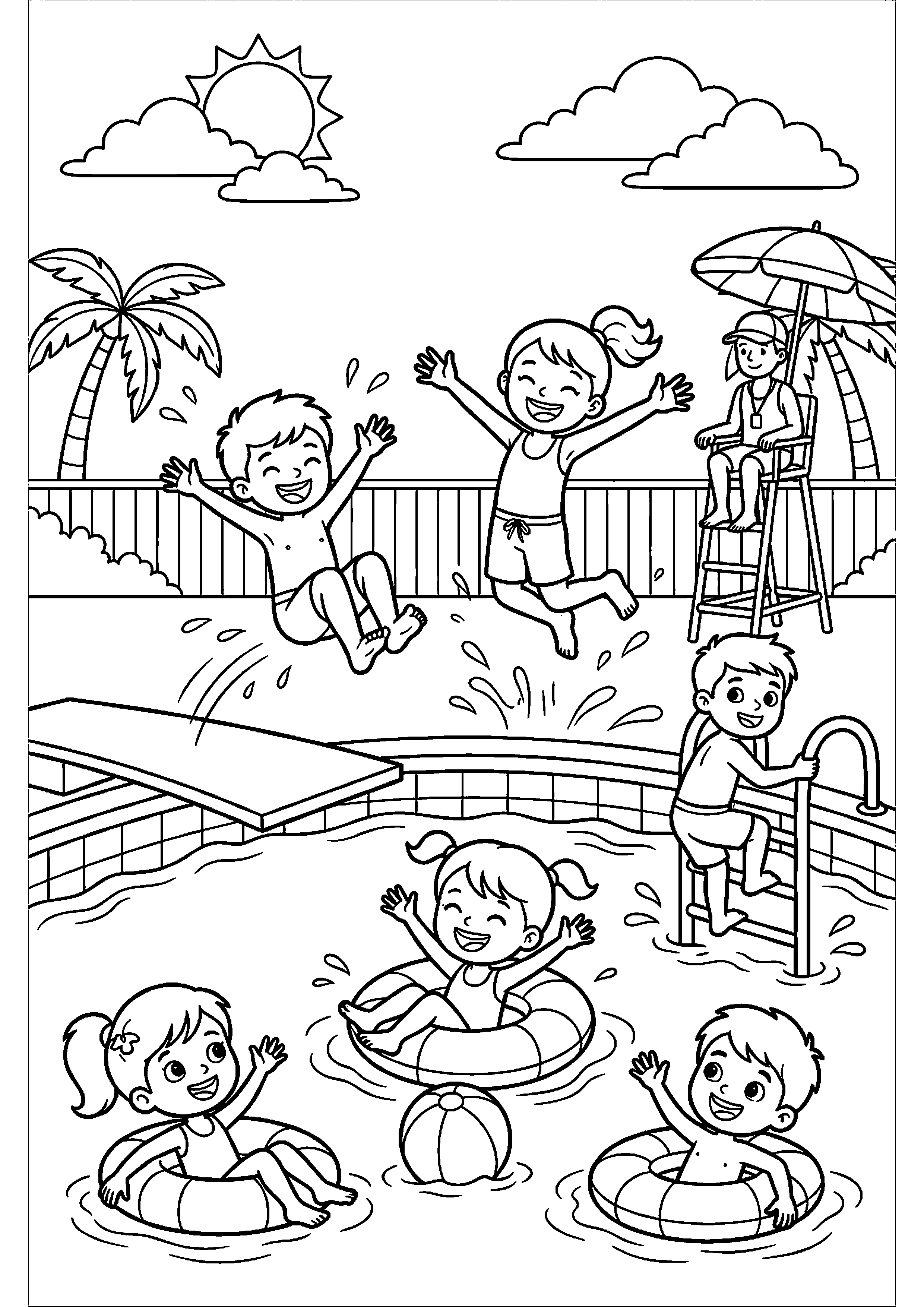 Kinderen springen in zwembad kleurplaat — gratis kleurplaat printen