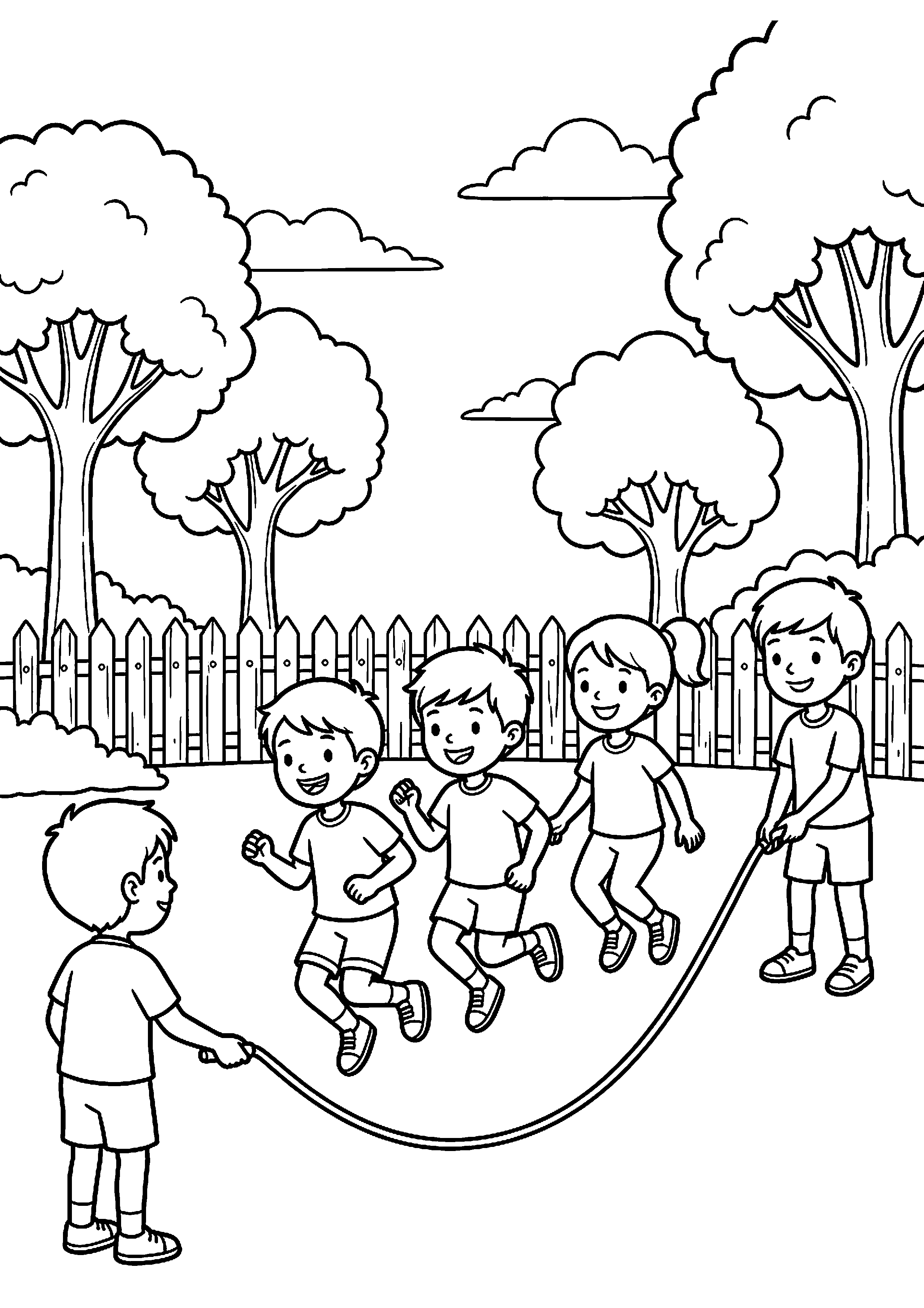 Kinderen springen touw kleurplaat — gratis kleurplaat printen