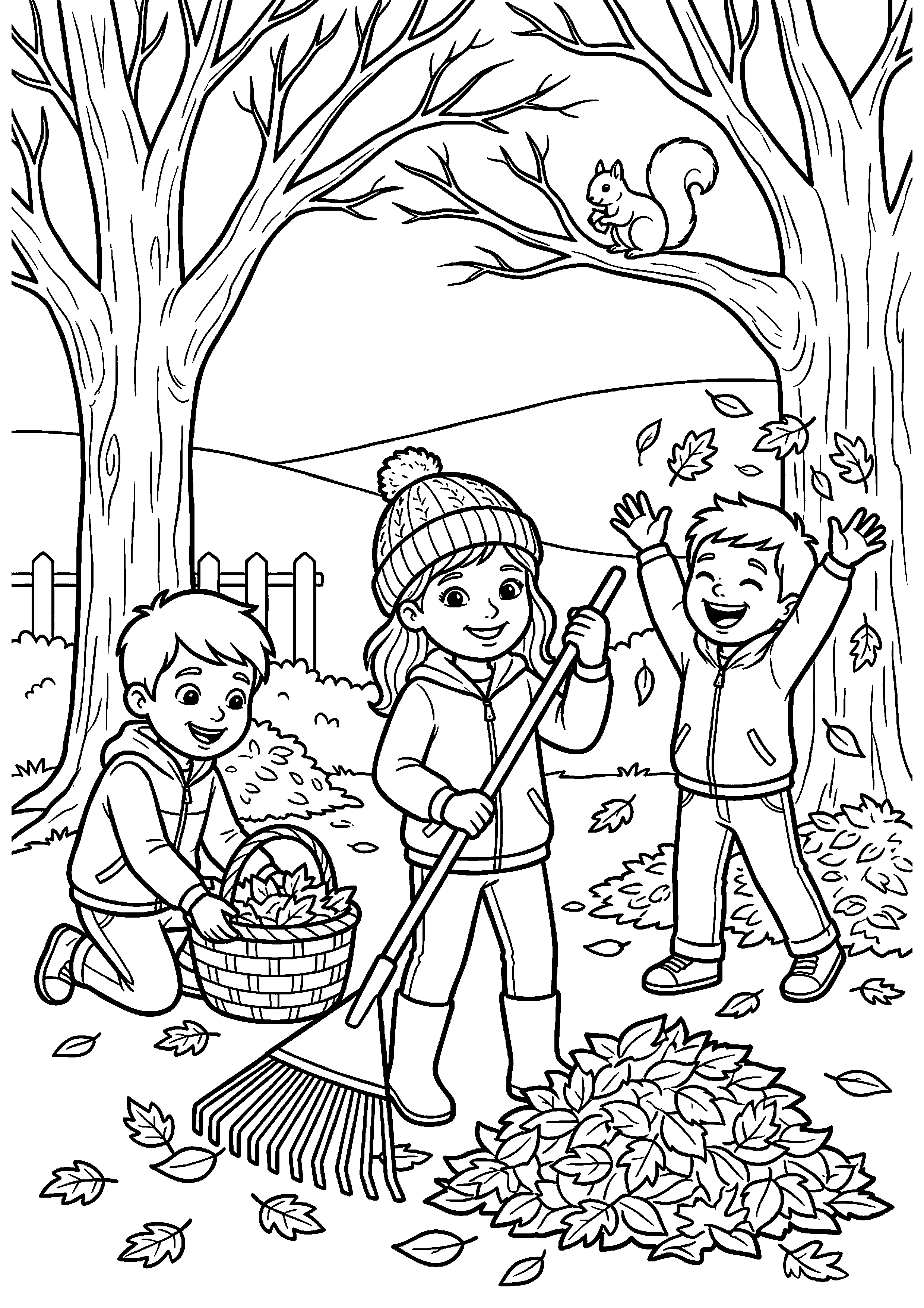 Kinderen verzamelen herfstbladeren kleurplaat — gratis kleurplaat printen