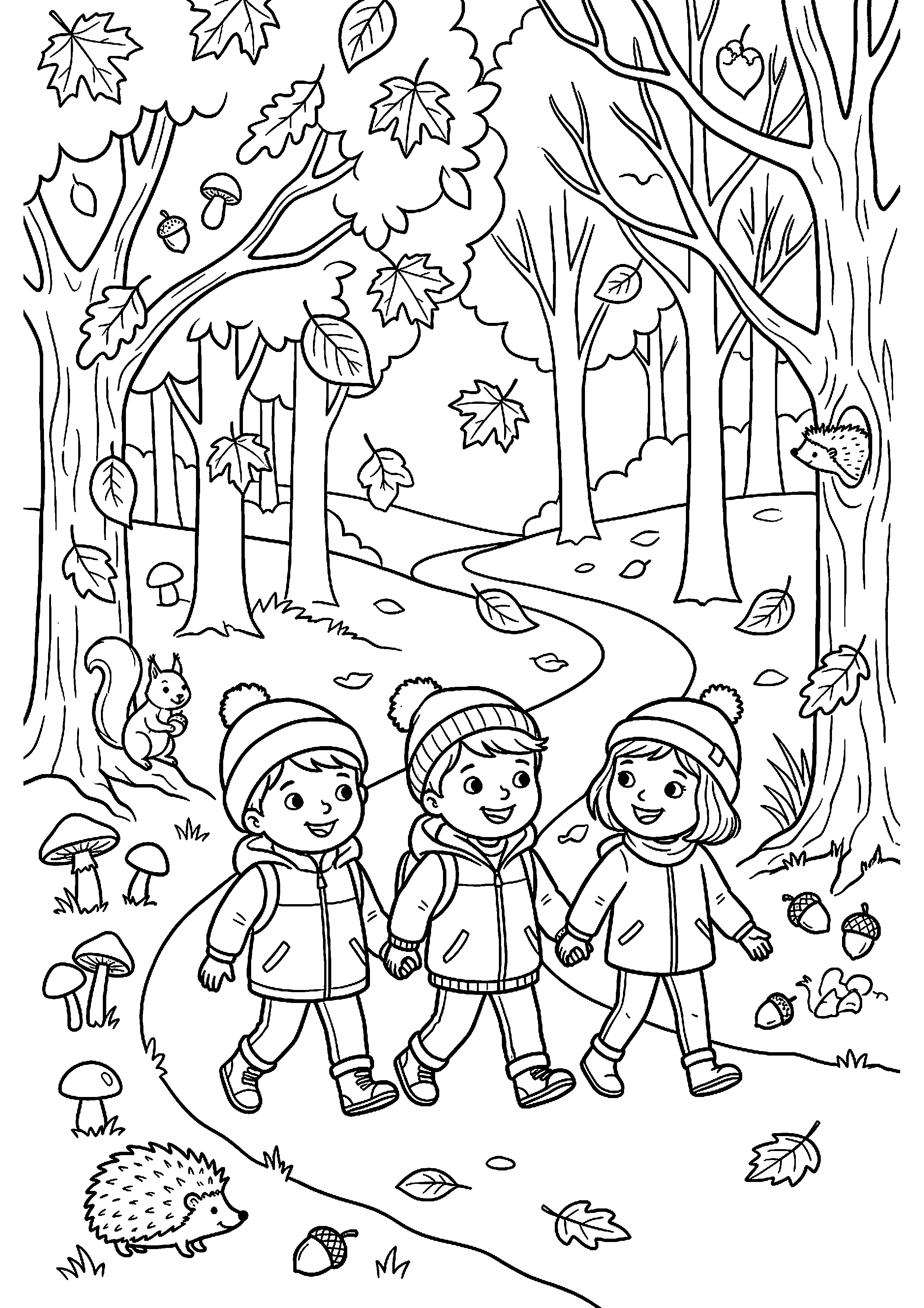 Kinderen wandelen door herfstbos kleurplaat — gratis kleurplaat printen