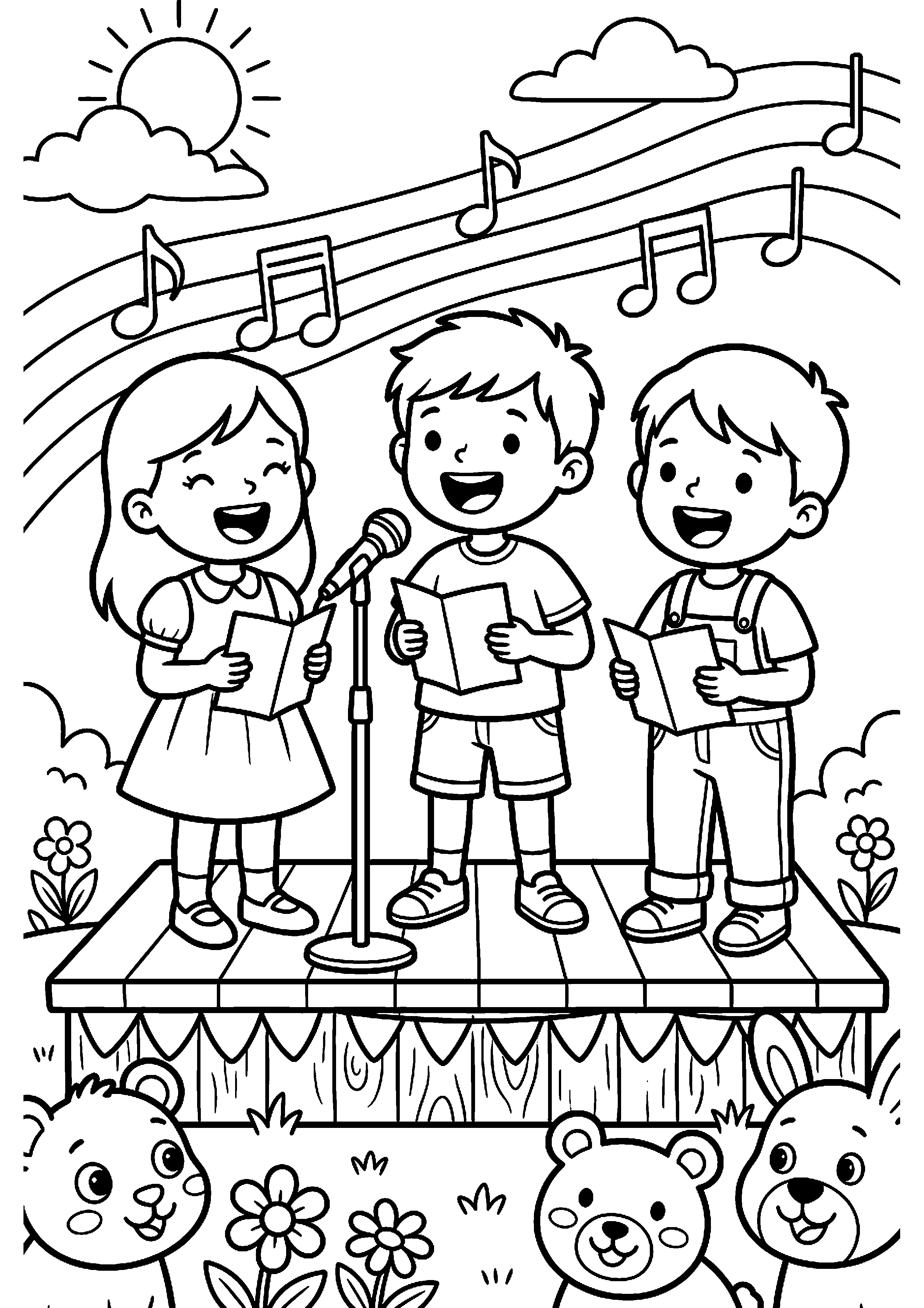 Kinderen zingen op klein podium kleurplaat — gratis kleurplaat printen