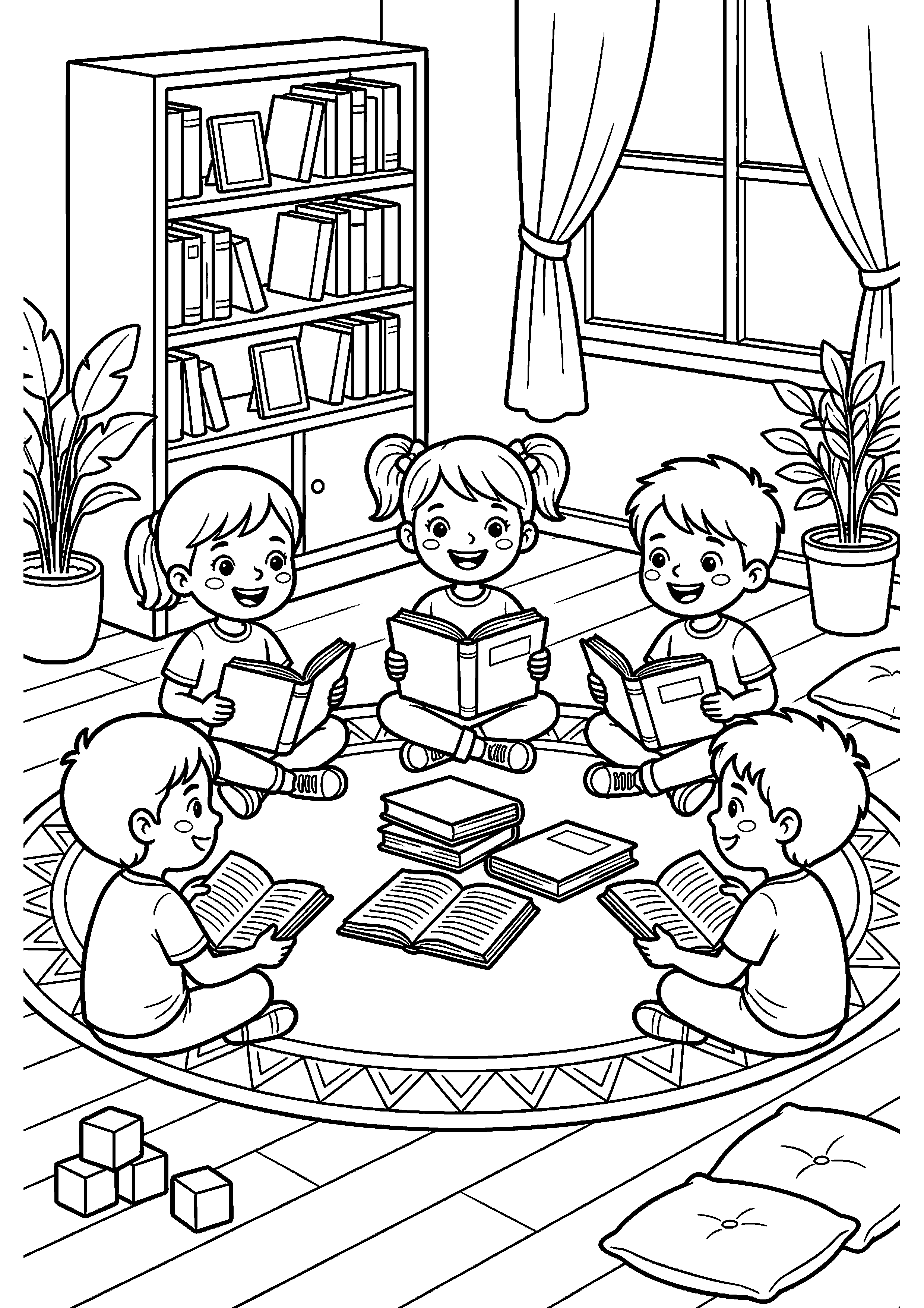 Kinderen zitten in kring met boeken kleurplaat — gratis kleurplaat printen