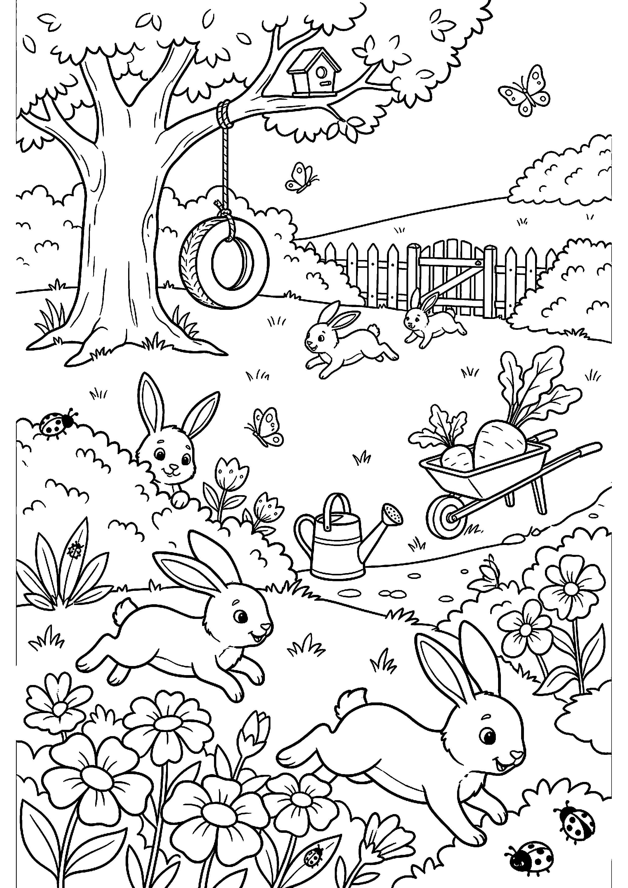 Konijnen spelen in grote tuin kleurplaat — gratis kleurplaat