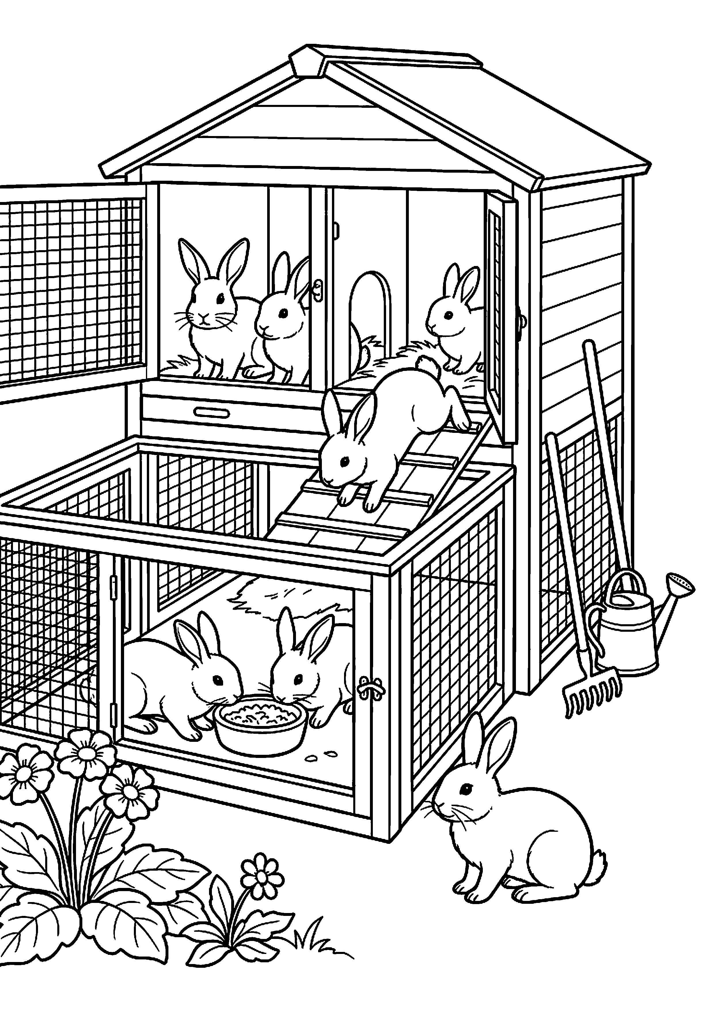Konijnenhok met meerdere konijnen kleurplaat — gratis kleurplaat