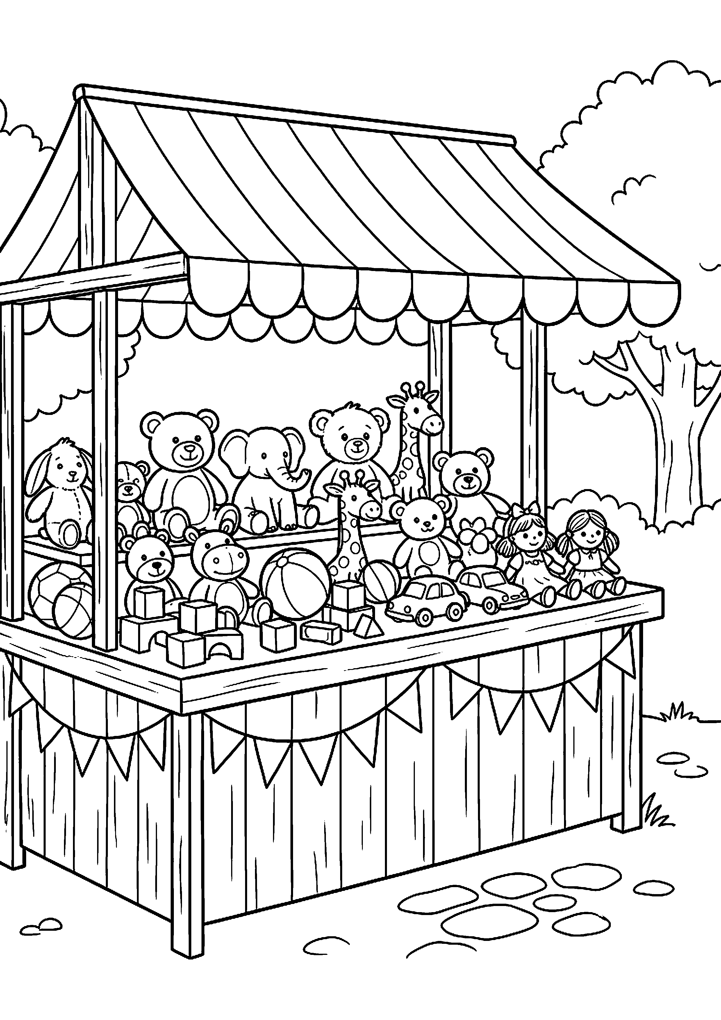 Kraam met speelgoed en knuffels kleurplaat — gratis kleurplaat printen