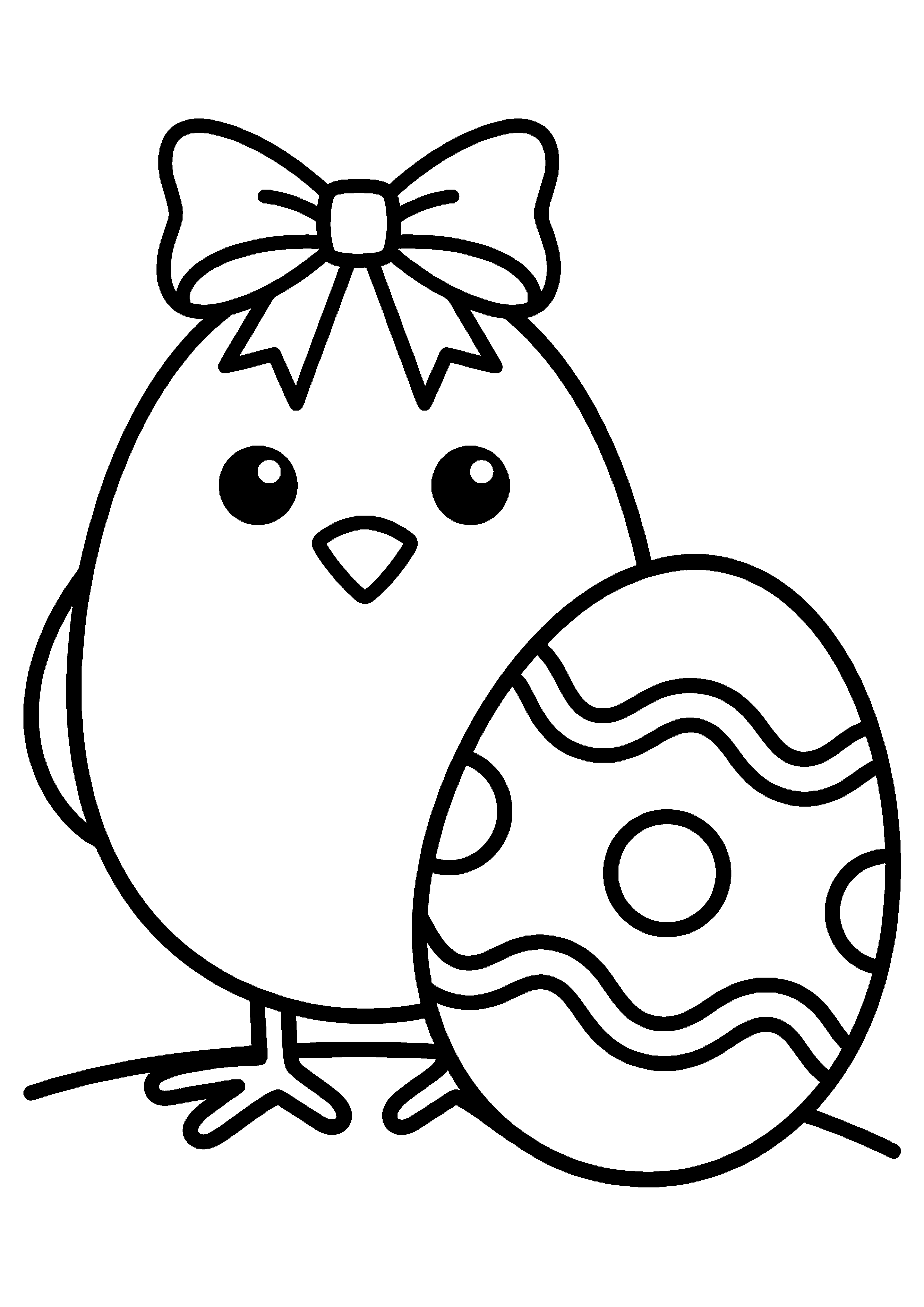 Kuiken met strikje naast paasei kleurplaat — gratis kleurplaat
