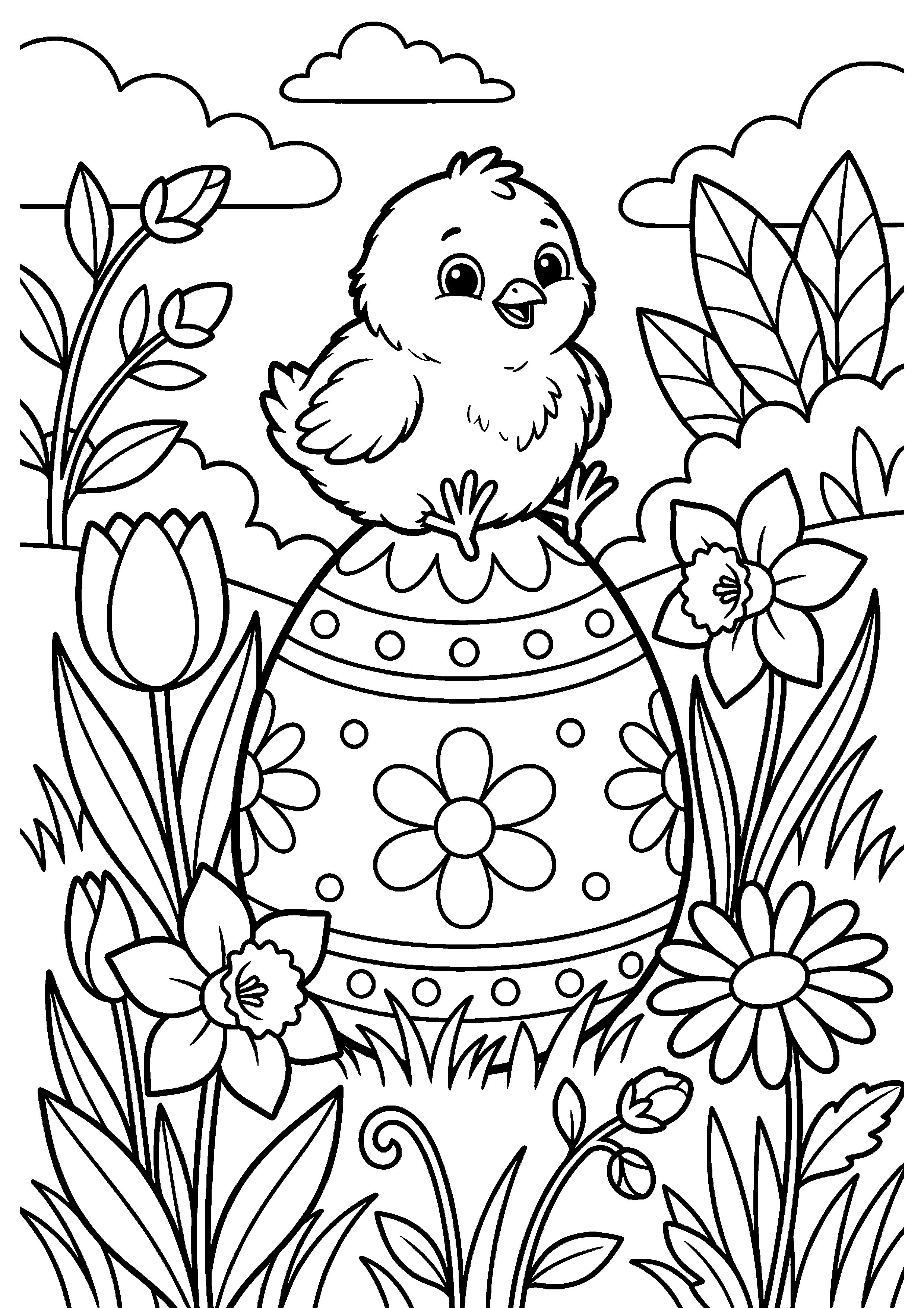 Kuiken op paasei in lentetuin kleurplaat — gratis kleurplaat