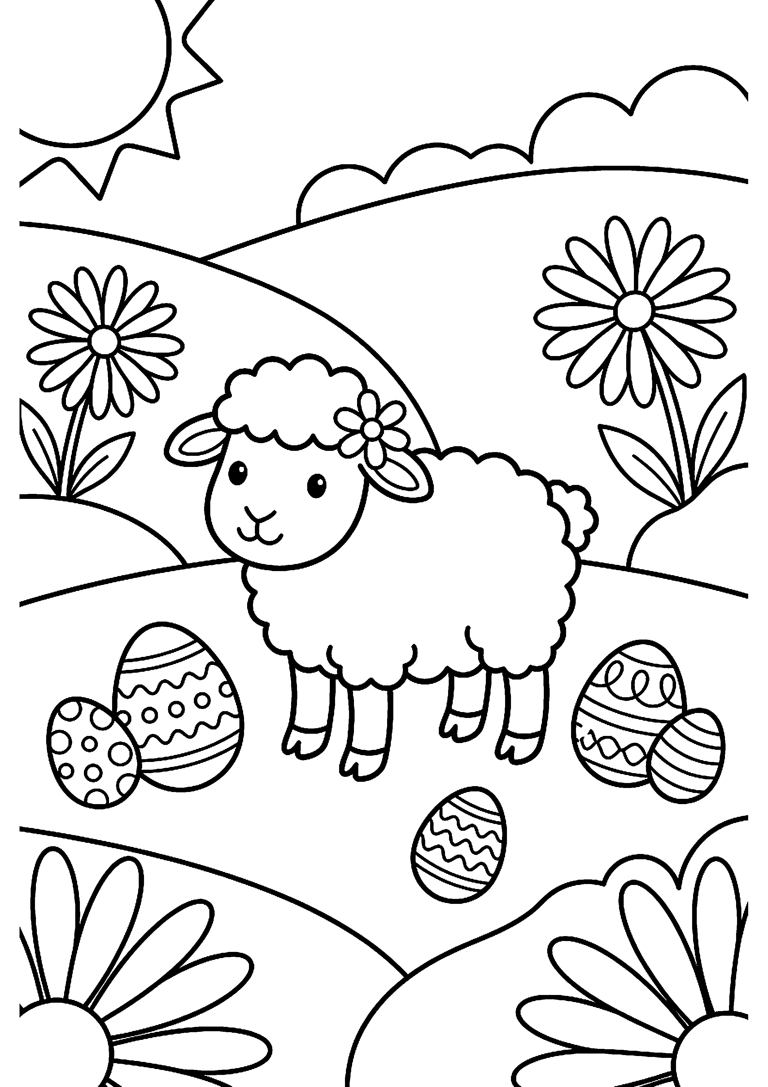 Lammetje met Paaseieren in het Weiland Kleurplaat — gratis kleurplaat printen