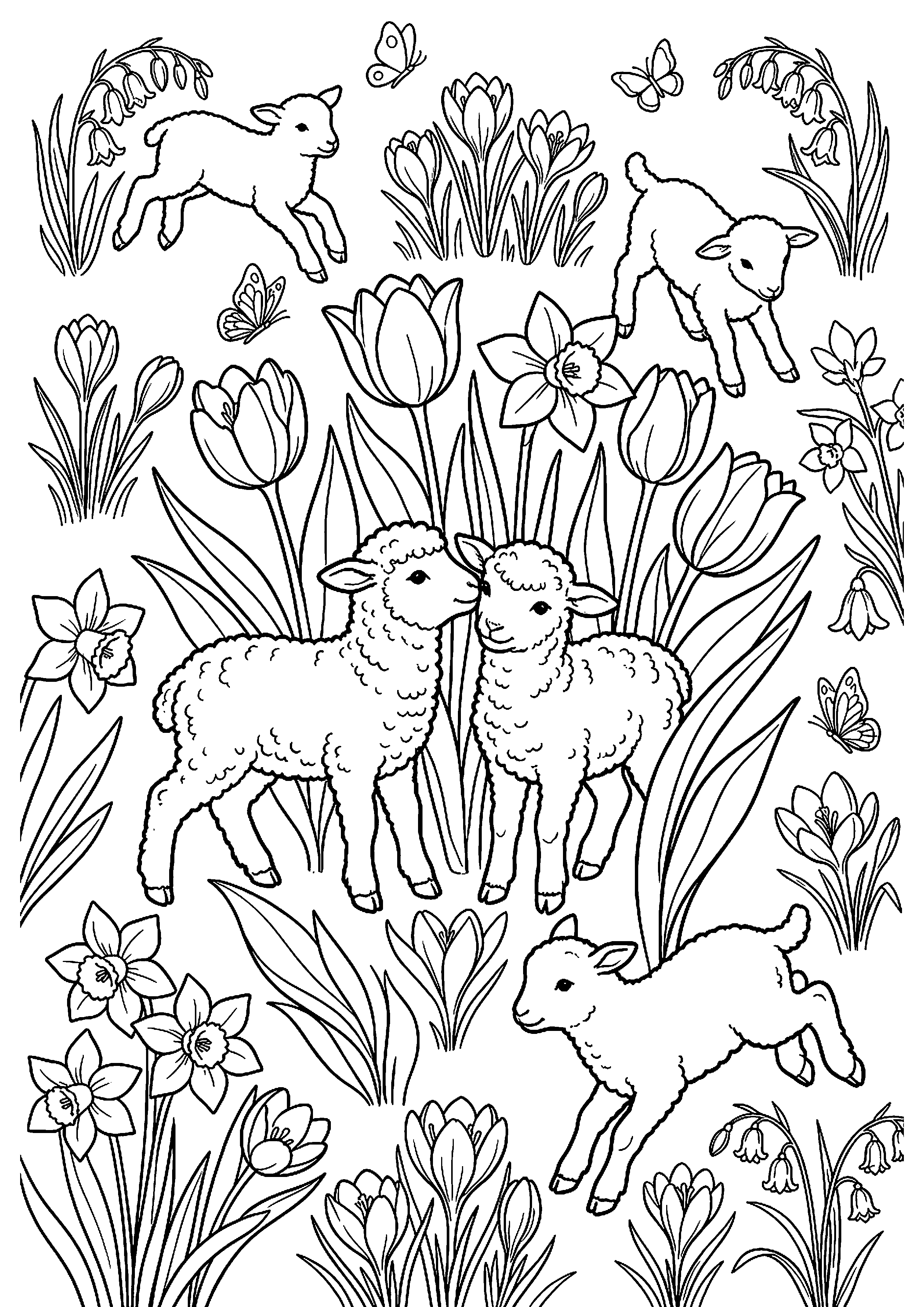 Lammetjes in lentebloemen kleurplaat — gratis kleurplaat printen
