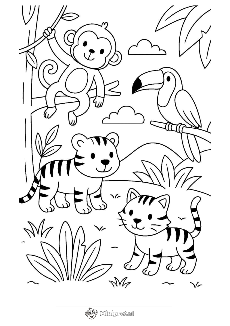 Aap en Tijger in de Jungle kleurplaat — gratis kleurplaat